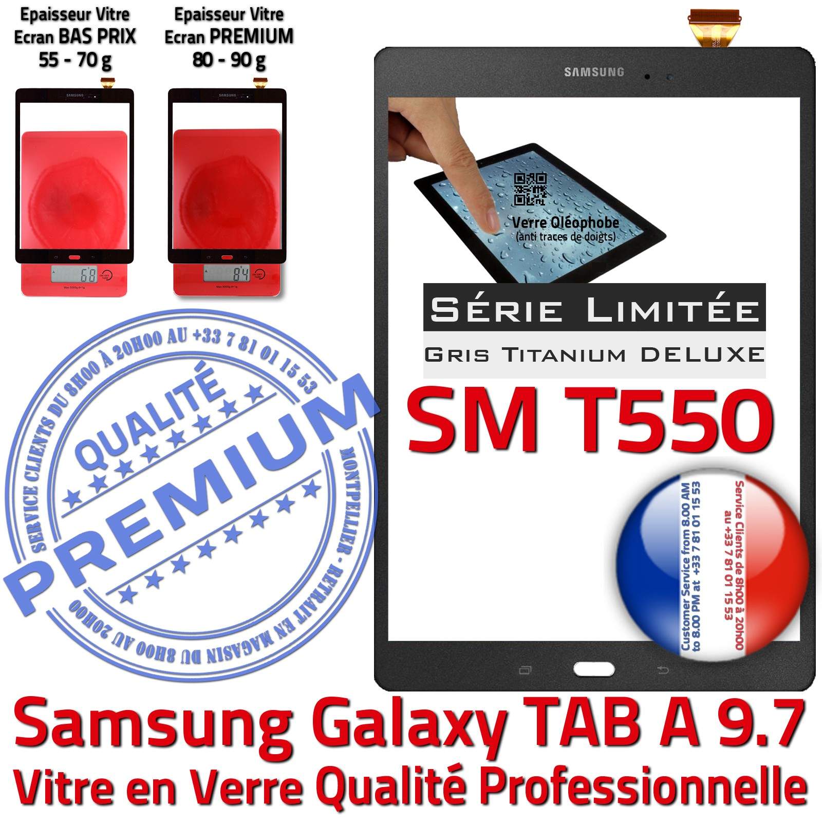 Ecran Samsung SM T550 Galaxy TAB-A 9.7 Verre Gris Anthracite Qualité PREMIUM Vitre Tactile Grise Assemblée Adhésif Prémonté