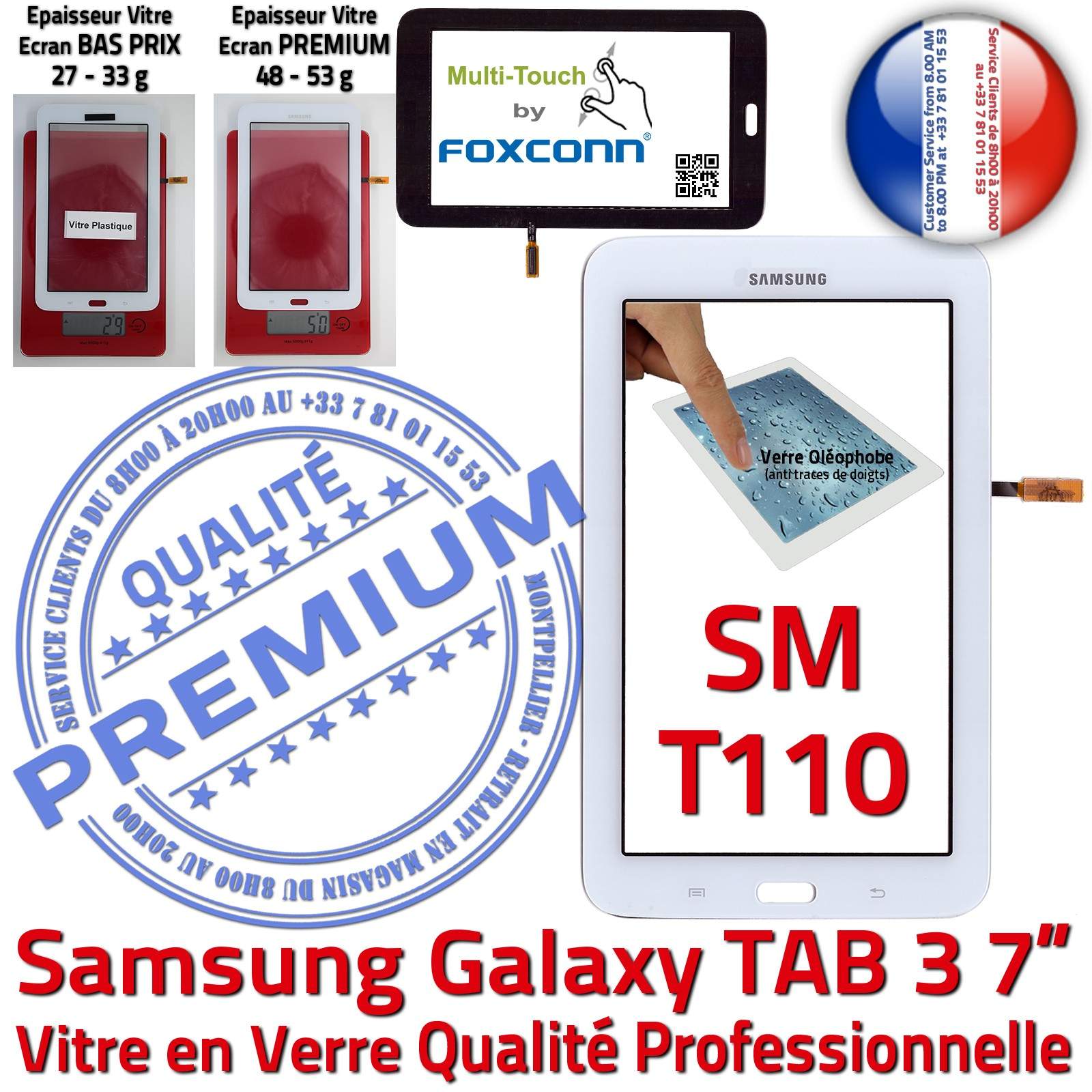 Samsung Galaxy TAB3 SM-T110 LITE Vitre Tactile en Verre Blanc Qualité Supérieure PREMIUM Assemblée Adhésif LCD Ecran Prémonté