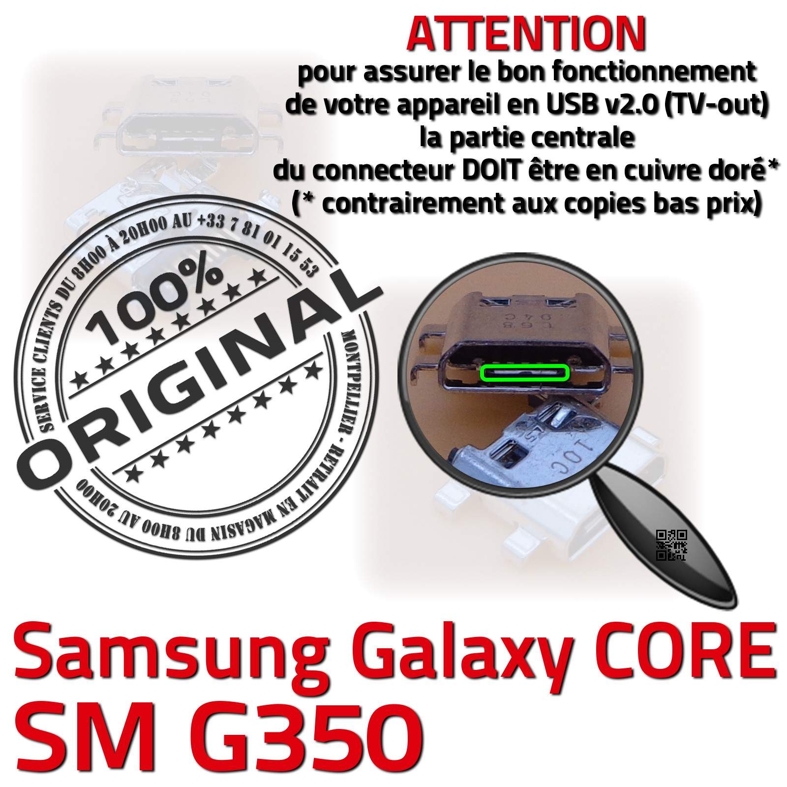 Smartphone SM G350 Remplacement PORT Micro USB SAMSUNG Galaxy Core PLUS SM-G350 Connecteur de Charge ORIGINAL à souder Changer Jack Connexion Câble Contacts Qualité Démontage Réparation Changement Connector Pins Dorés Soudures Carte Mère Prise Chargeur