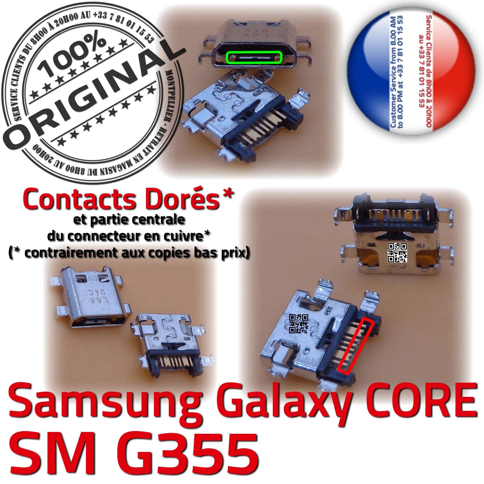 ORIGINAL Samsung Galaxy Core 2 SM G355 Connecteur de charge à souder PORT Micro USB Pins Dorés Prise Connector Chargeur Qualité