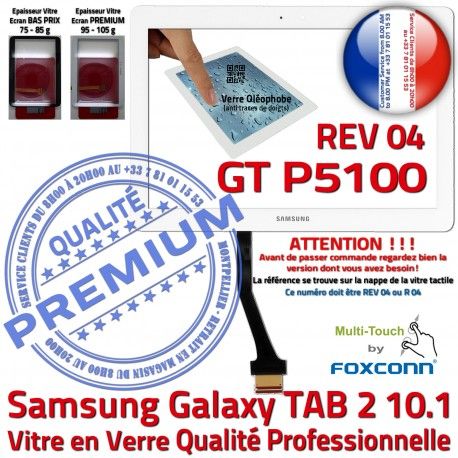 Galaxy TAB 2 GT-P5100 REV 04 B LCD PREMIUM Vitre Samsung Tactile GT 10.1 P5100 R Qualité TAB2 Adhésif Assemblée Blanche Ecran Prémonté en Verre