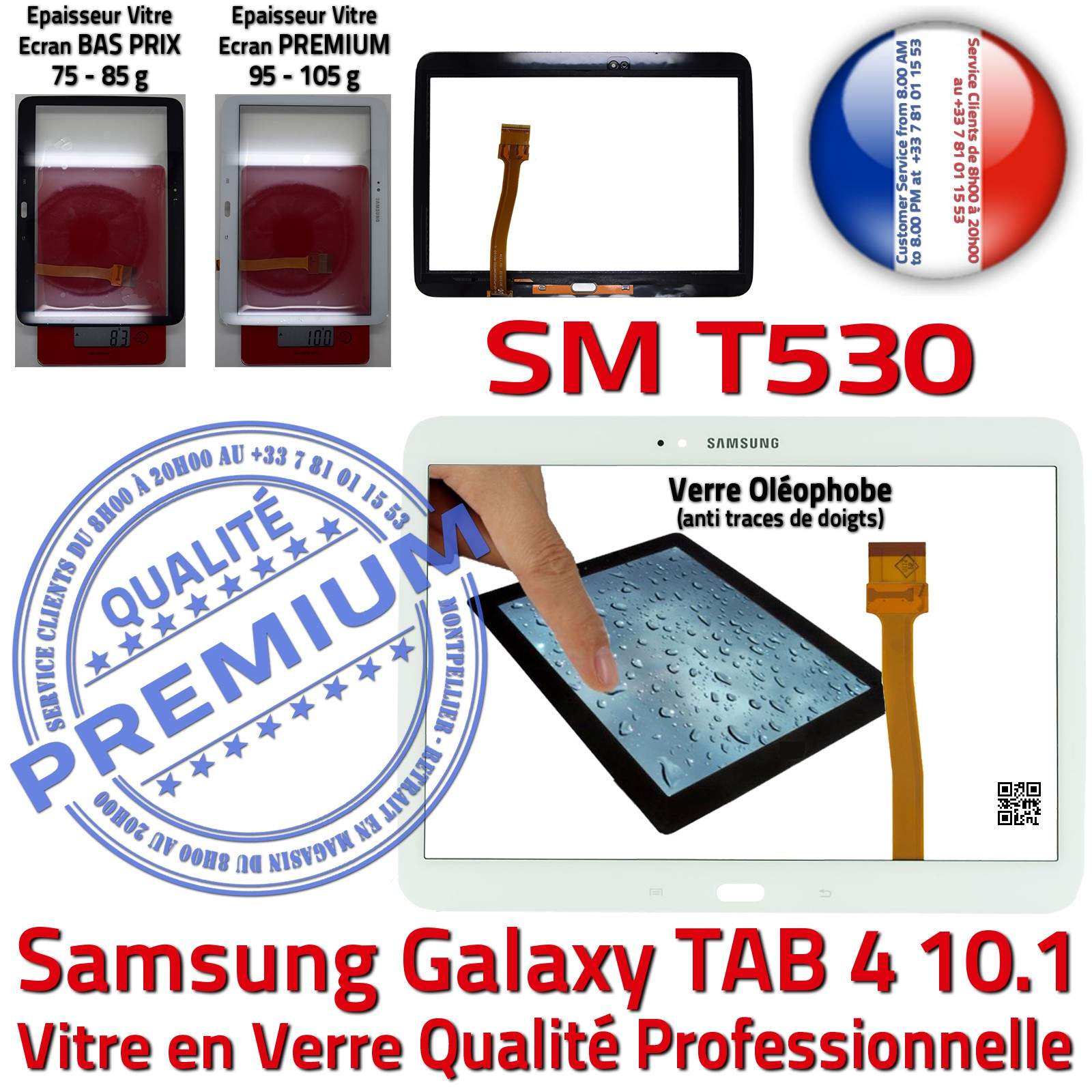 Samsung Galaxy TAB4 SM-T530 Écran Blanc Complet Verre Qualité Supérieure PREMIUM Prémonté Vitre Tactile Complète Blanche Adhésif