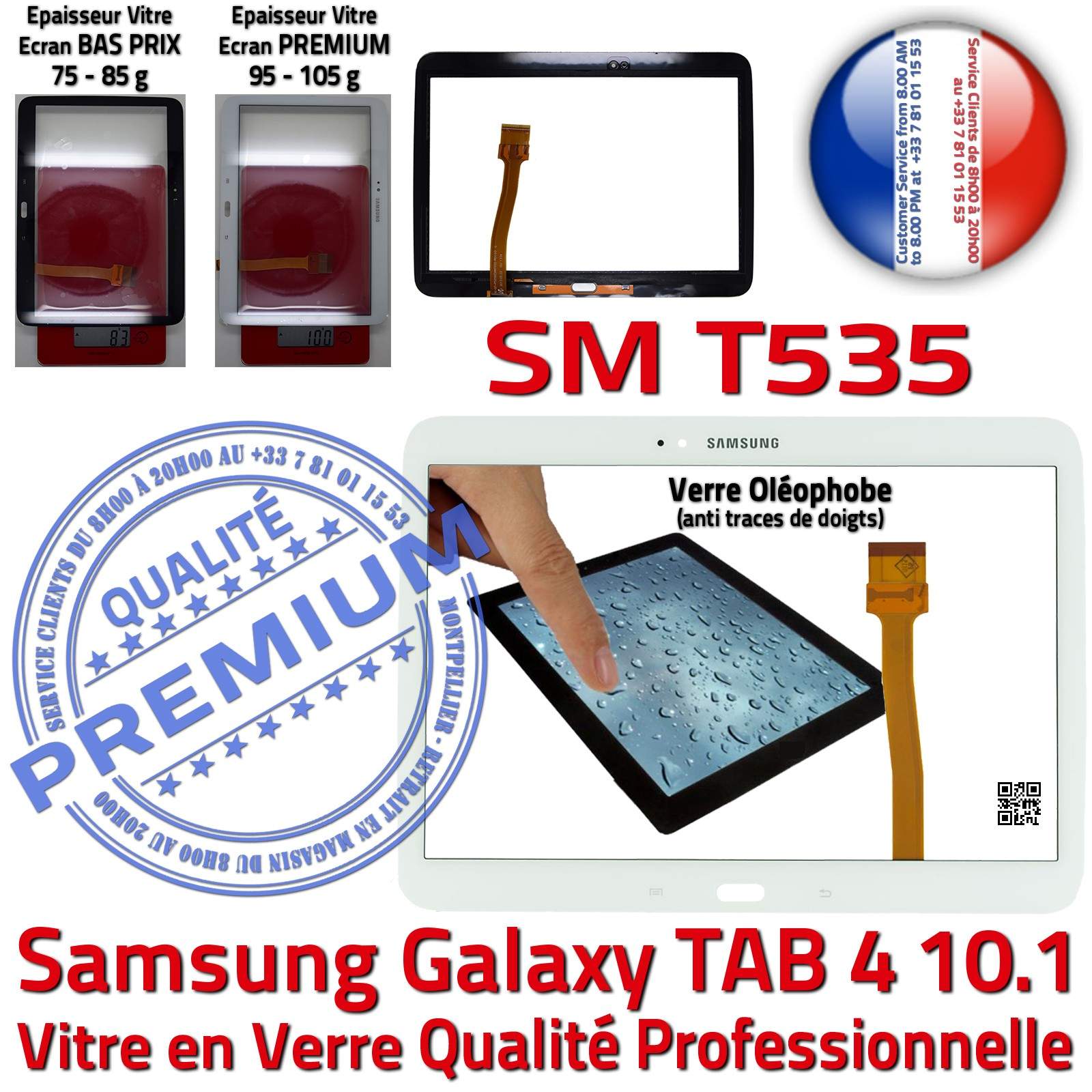 Samsung Galaxy TAB4 SM-T535 Écran Blanc Complet Verre Qualité Supérieure PREMIUM Prémonté Vitre Tactile Complète Blanche Adhésif