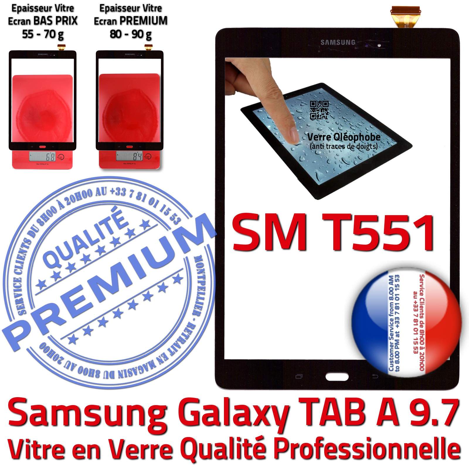 Samsung Galaxy TAB A SM-T551 Écran Complet Noir en Verre Qualité PREMIUM Prémonté Vitre Tactile Noire Complète Assemblée Adhésif