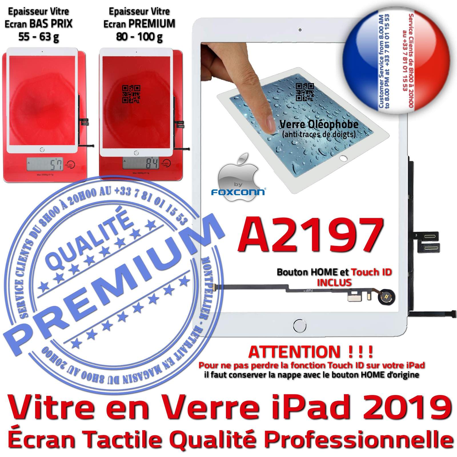 Vitre Tactile iPad 2019 A2197 Blanc Adhésif Monté Ecran Qualité Verre Oléophobe Fixation Caméra Nappe HOME Réparation Tablette