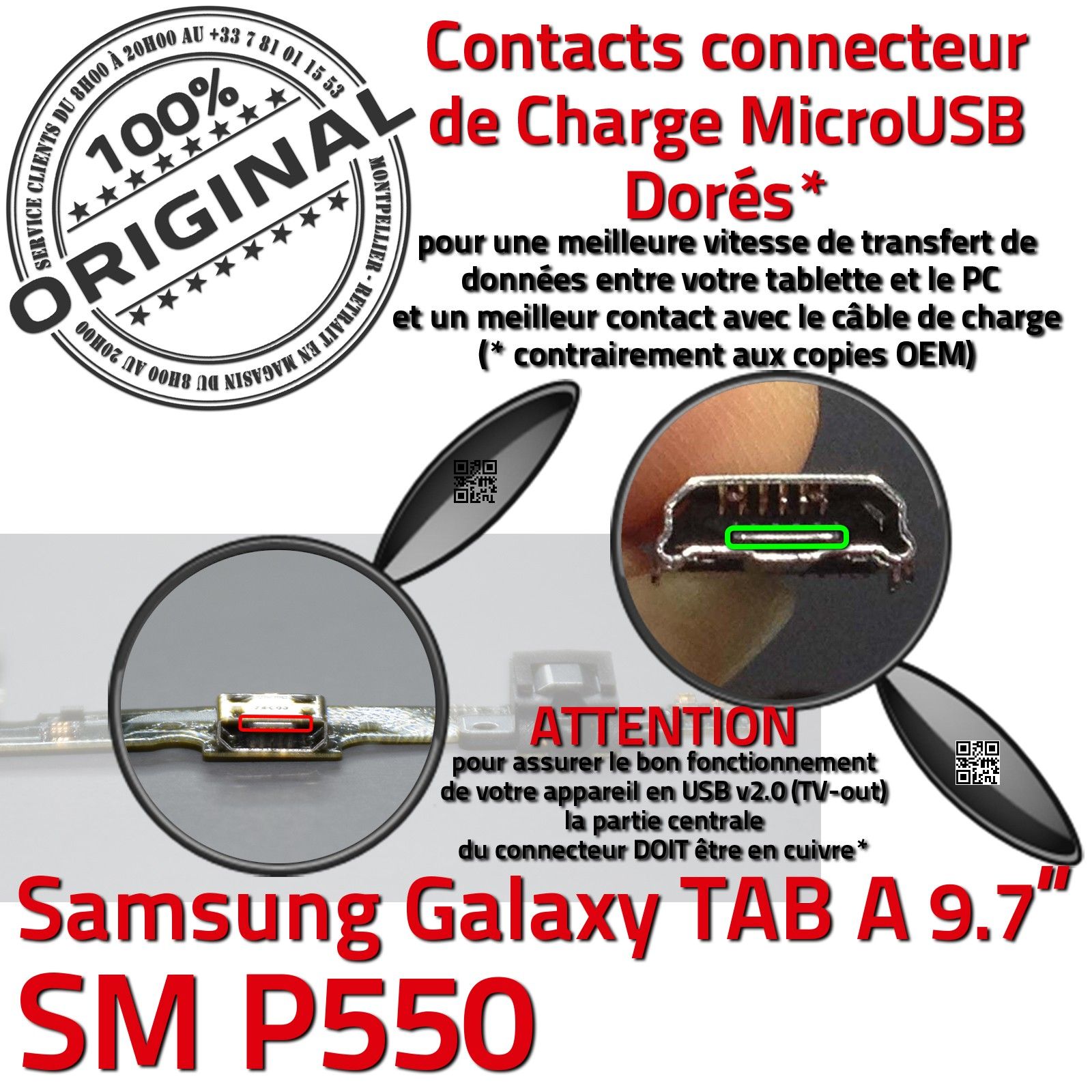 TAB A SM P550 ORIGINAL Samsung Galaxy Connecteur de Charge Chargeur  MicroUSB Nappe OFFICIELLE Qualité Contact Doré Réparation