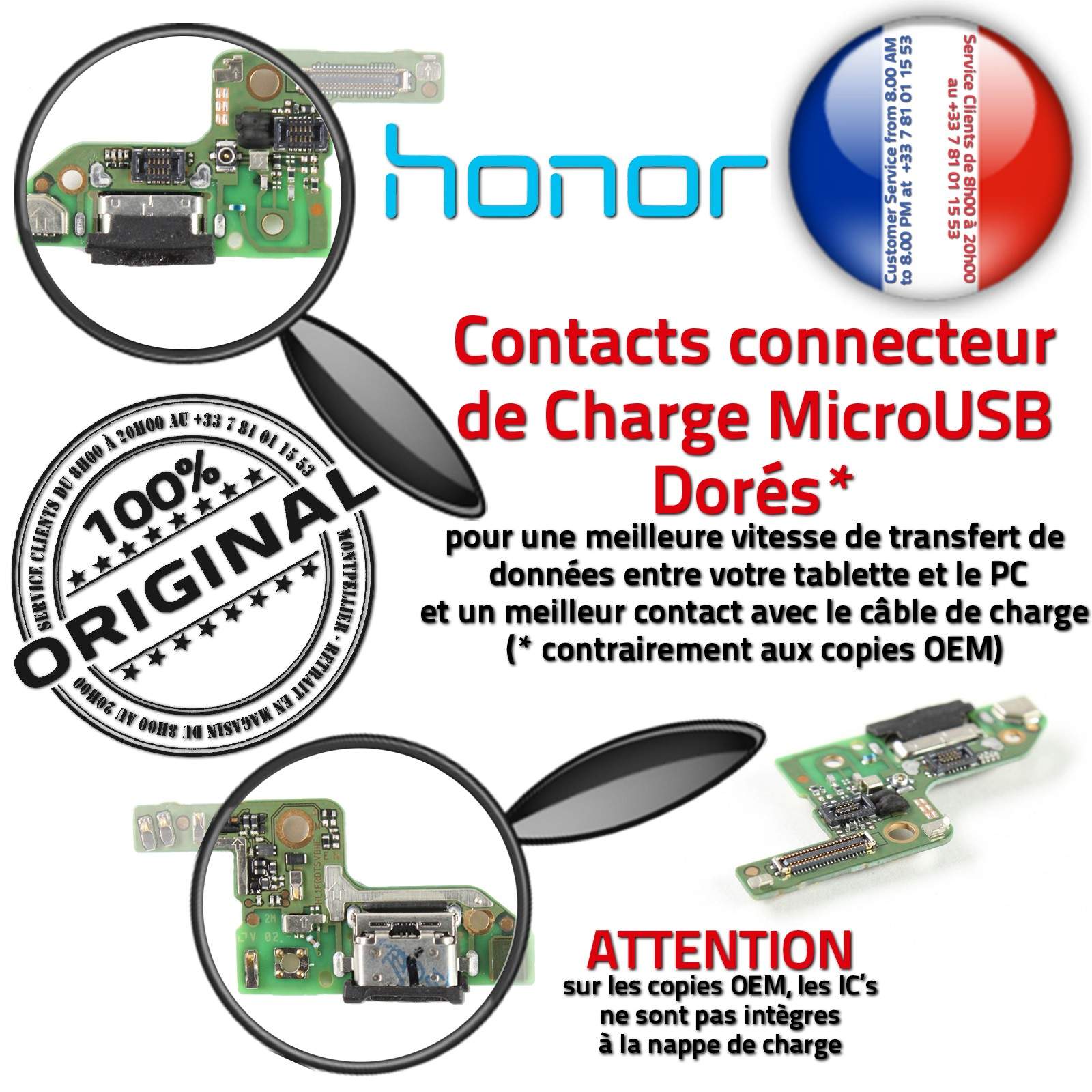 Connecteur de Charge Rapide ORIGINAL Remplacement Écouteurs Nappe Qualité Microphone Réparation Chargeur Micro USB d'origine Réseau Antenne SMA JACK Téléphone Type-C Changer Câble Prise Alimentation PORT Honor 8 Sonde Température Hygrométrie Filtre