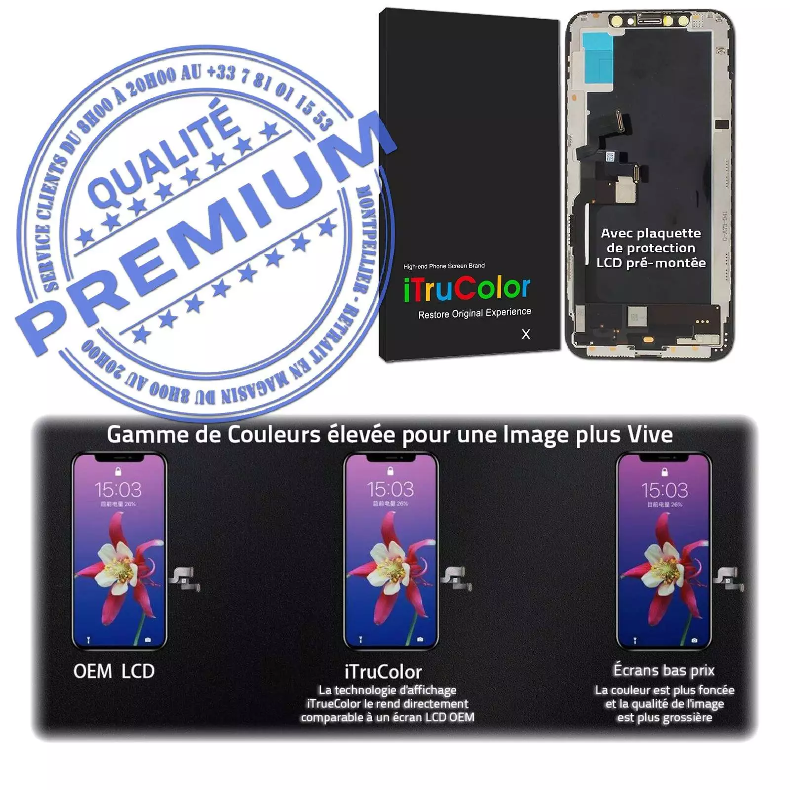 LG AUO Sharp In-CELL LCD Noir Touch HD Anti-rayures Apple A1920 A2097 KIT Qualité Téléphone A2098 A2099 Changer Écran Complet Assemblé HDR Oléophobe PREMIUM Réparation Verre Tactile iPhone XS inCELL sur Châssis Vitre Retina 5.8 inch SmartPhone Affichage