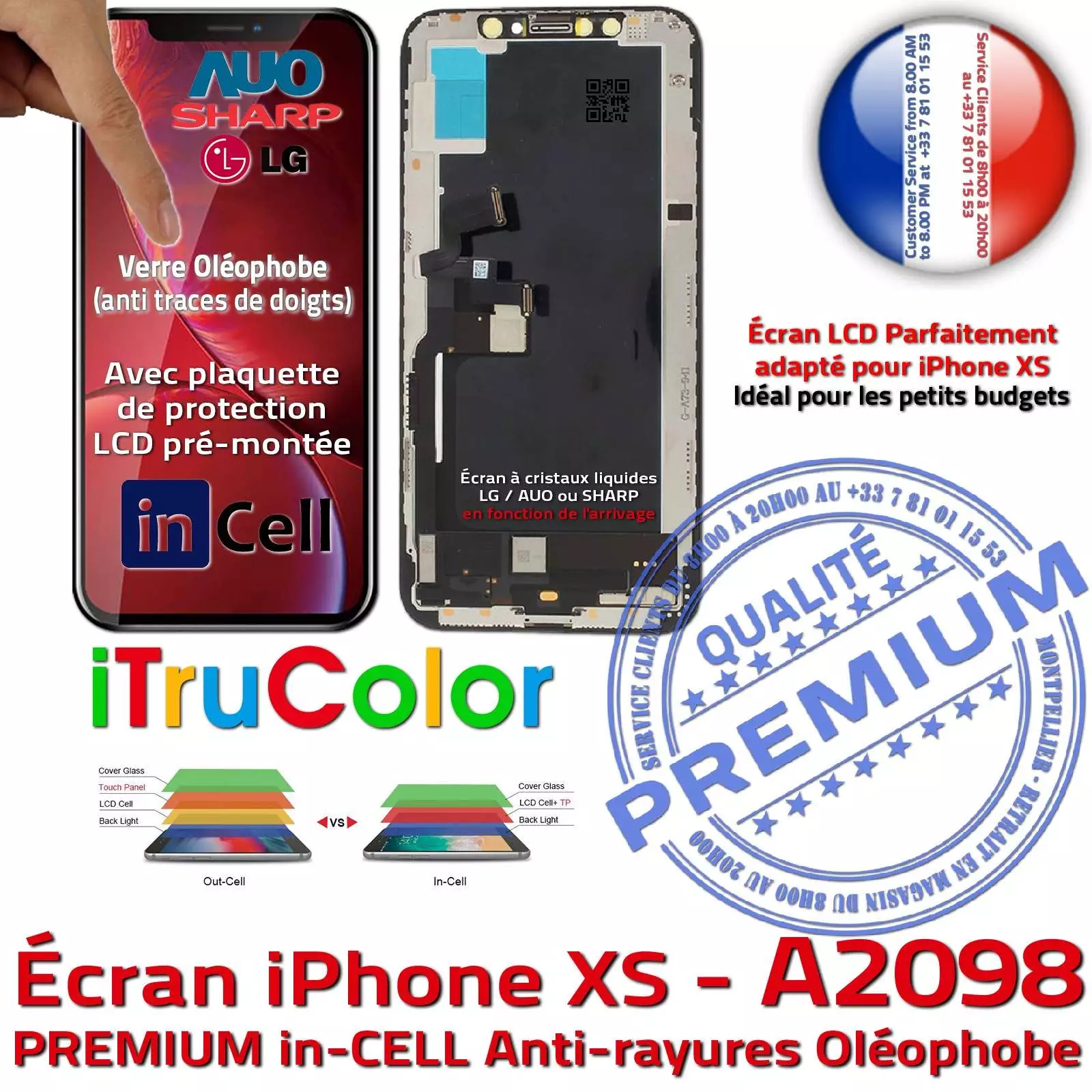 Verre Tactile Écran Complet iPhone XS A2098 inCELL Qualité PREMIUM Réparation SmartPhone Affichage True Tone LCD Retina 5,8 in