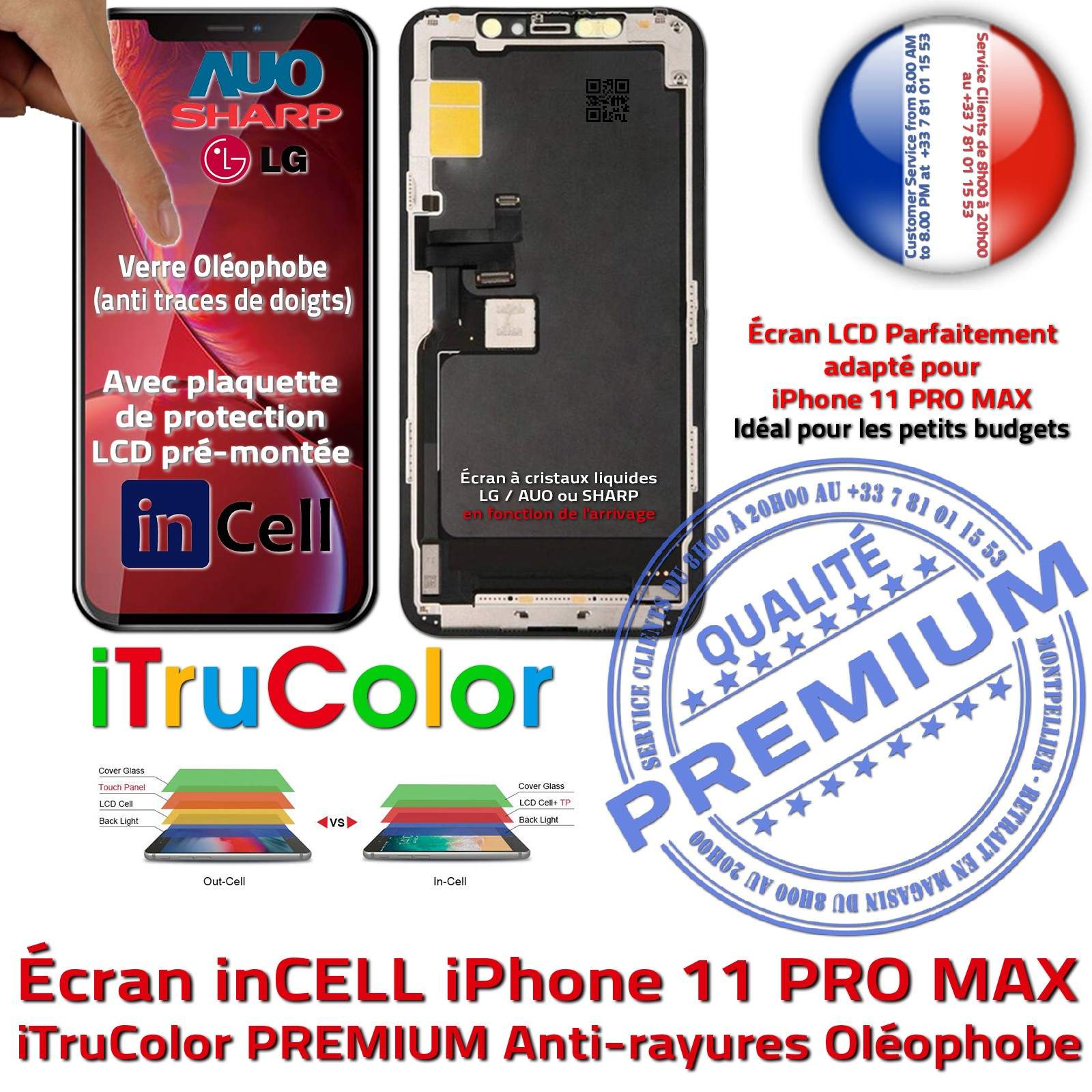 Verre Tactile iPhone 11 PRO MAX inCELL Qualité Écran PREMIUM Réparation SmartPhone Affichage True Tone LCD Super Retina 6,5 in