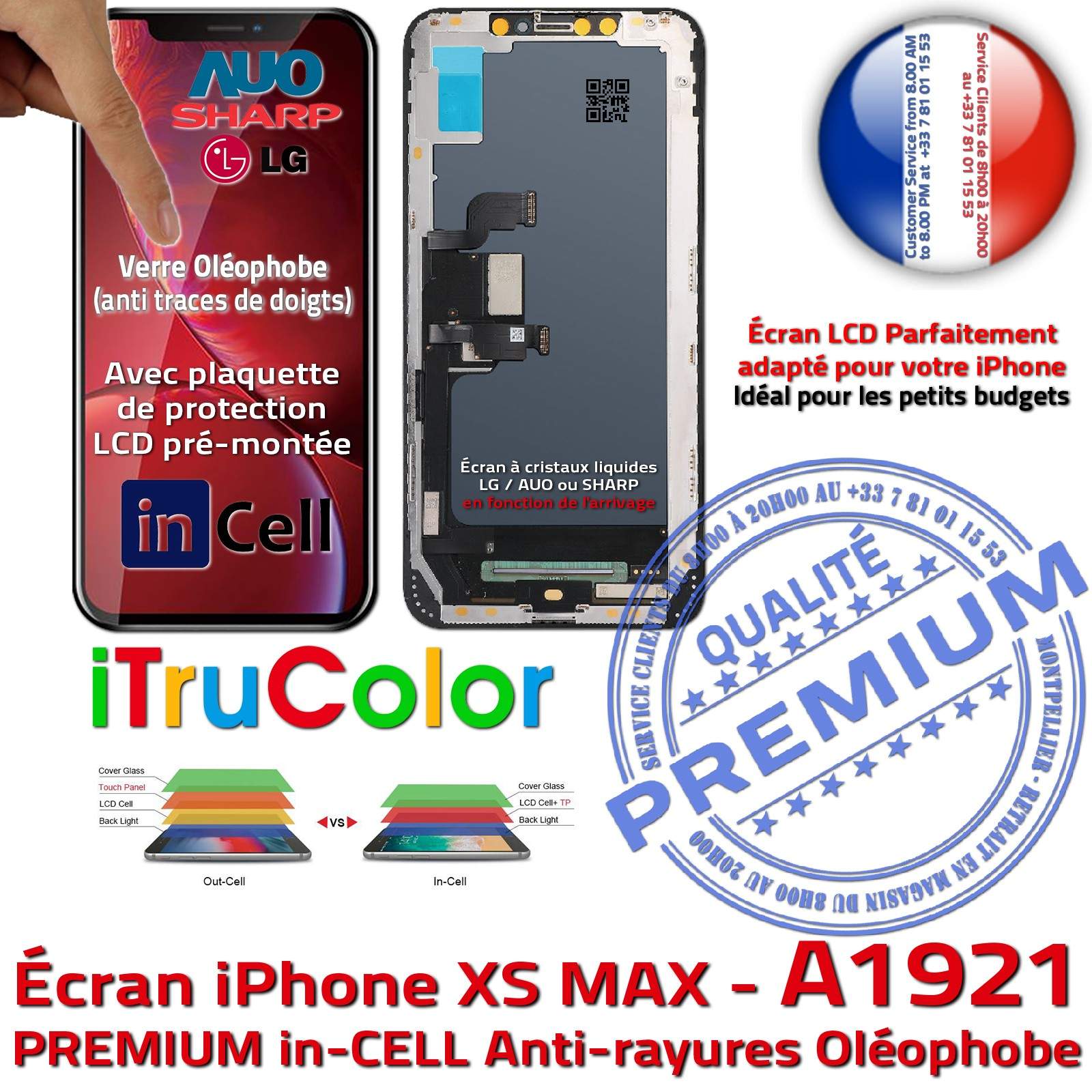 Verre Multi-Touch inCELL iPhone XS MAX A1921 Apple LCD PREMIUM SmartPhone Touch Remplacement Écran Cristaux Liquides iTruColor