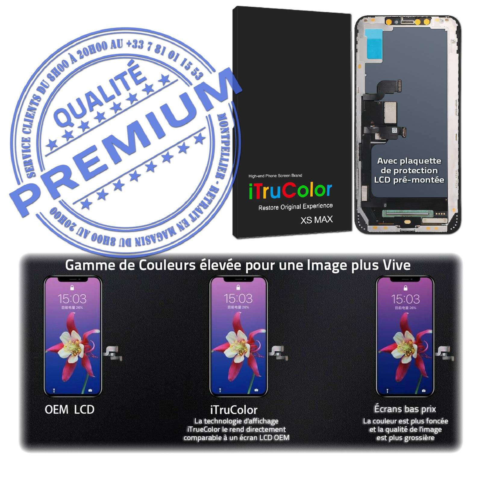 A2102 A2103 A2104 Réparation Vitre Tactile iPhone XS MAX inCELL sur Châssis KIT Qualité Téléphone SmartPhone Affichage Anti-rayures In-CELL LCD Super Retina 6.5 inch Changer Écran Complet Assemblé HDR Oléophobe PREMIUM Verre Apple A1921 A2101 LG AUO Sharp