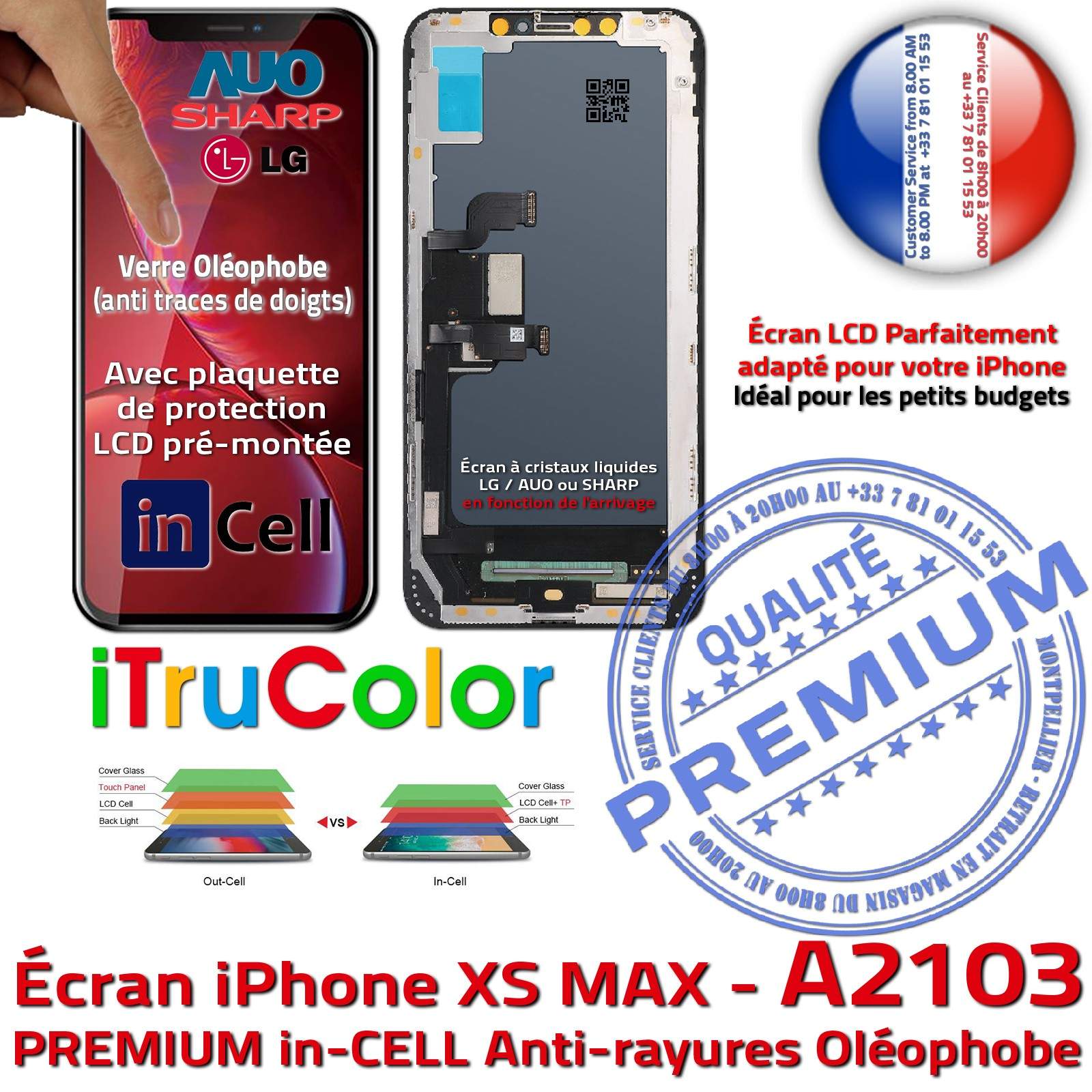 Verre Tactile Écran Complet iPhone XS MAX A2103 inCELL Qualité PREMIUM Réparation SmartPhone Affichage True Tone LCD Retina 6,5 