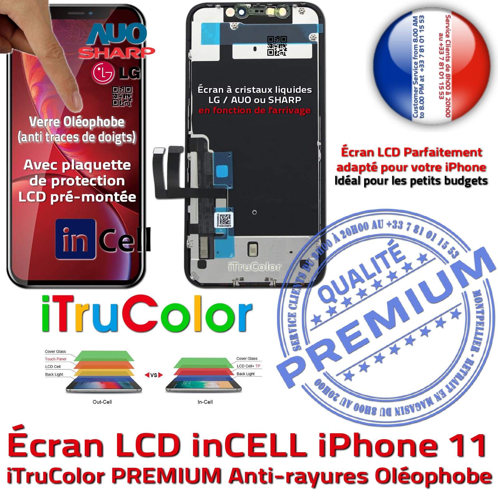 LCD iPhone 11 Écran inCELL Apple PREMIUM Super Retina 6,1 pouces Vitre  SmartPhone Affichage True Tone Cristaux Liquides