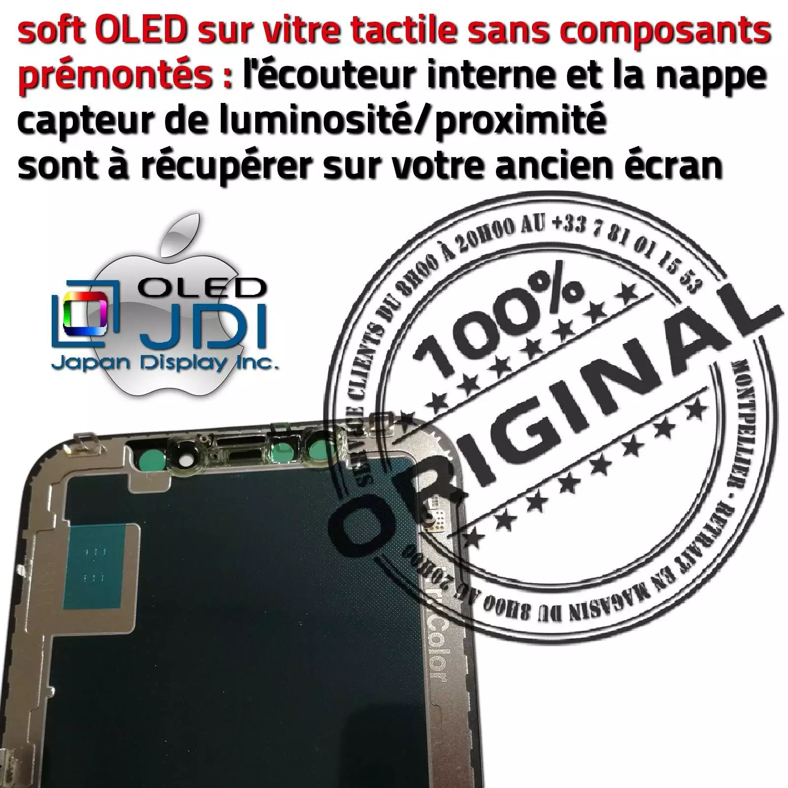 JDI Japan Display Inc. Verre Oléophobe ORIGINAL Changer Écran soft OLED Complet Assemblé LG KIT Remplacement Téléphone Vitre Super Retina 5.8 pouces inch Réparation Tactile iPhone XS sur Châssis A2098 A2099 A2100 Apple A1920 A2097 Affichage Anti-rayures