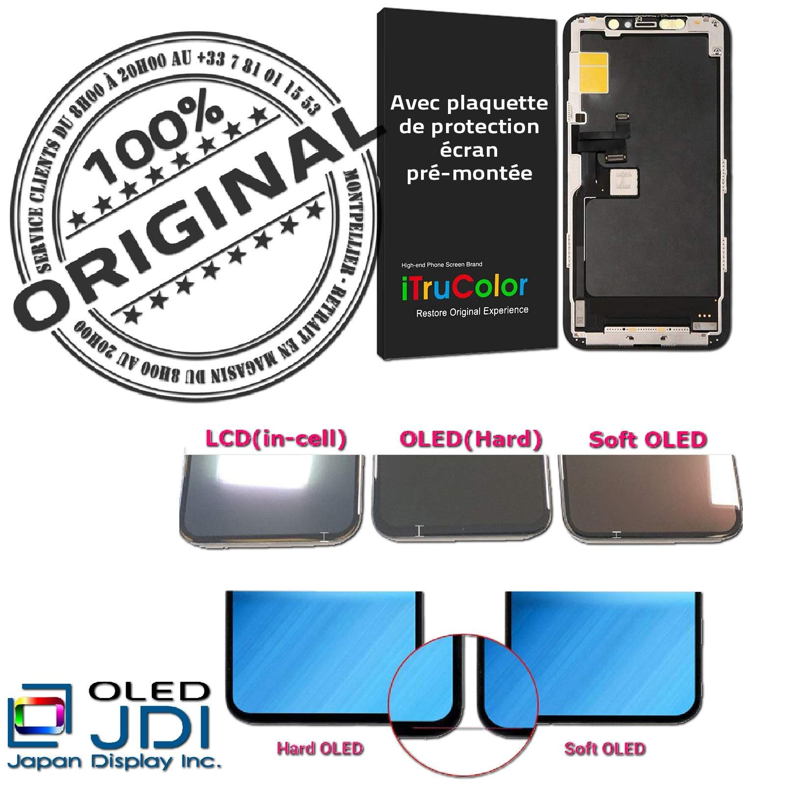 JDI Japan Display Inc. Verre Oléophobe ORIGINAL Apple A2160 A2215 A2217 Changer Écran soft OLED Complet Assemblé Vitre Super Retina 5.8 pouces inch Réparation Tactile iPhone 11 PRO sur Châssis Affichage Qualité Anti-rayures LG KIT Remplacement Téléphone