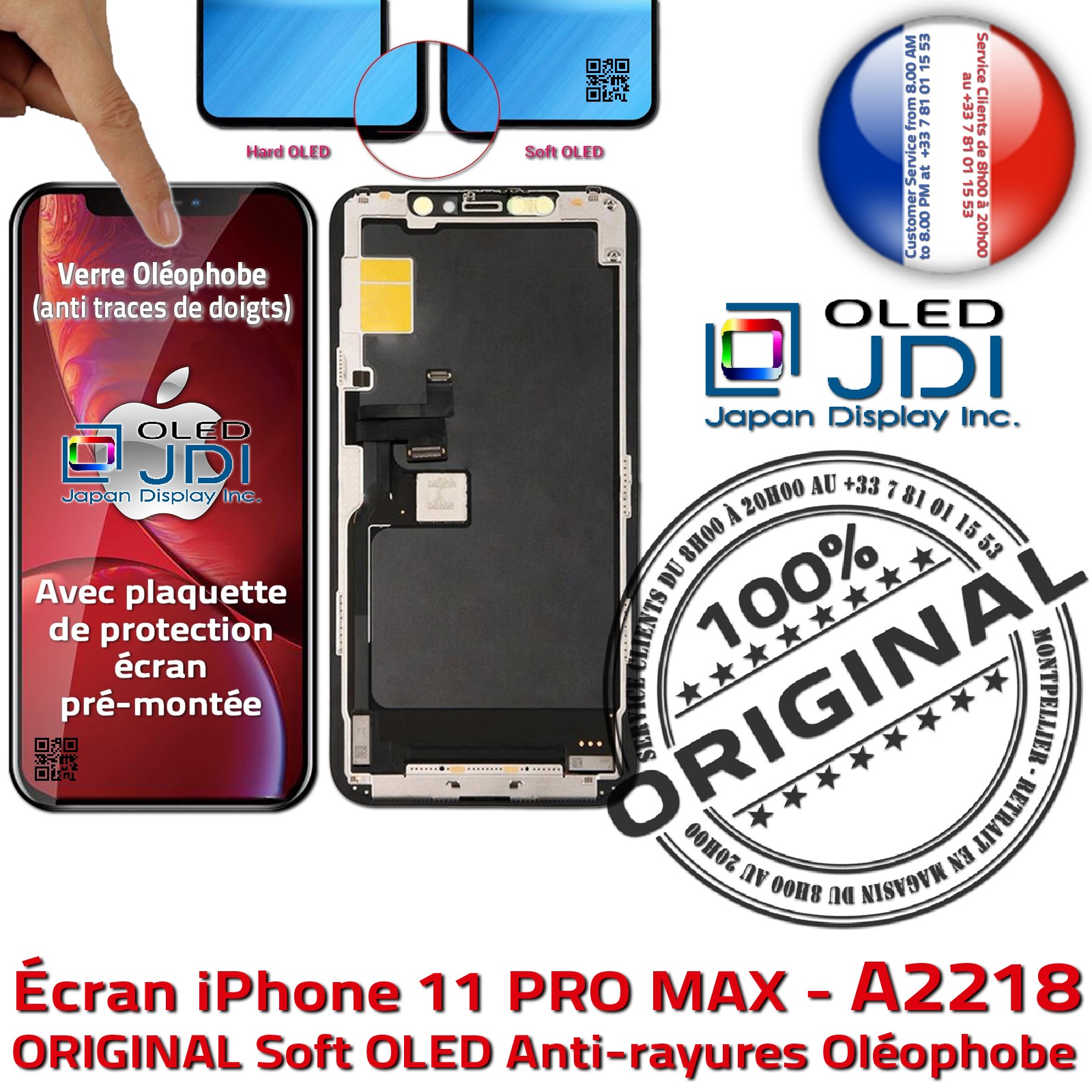 iPhone 11 PRO MAX A2218 Écran soft OLED Apple ORIGINAL Super Retina 6,5 pouces Vitre SmartPhone Affichage sur Châssis Complet