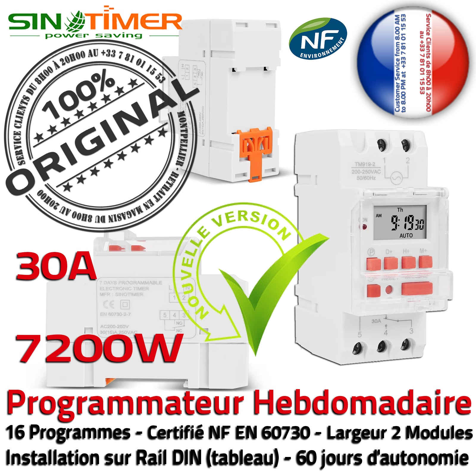 Contacteur Jour-Nuit Cumulus Heures Creuses Rail DIN 30A 7200W Automatique 7kW Programmateur Electronique Hebdomadaire