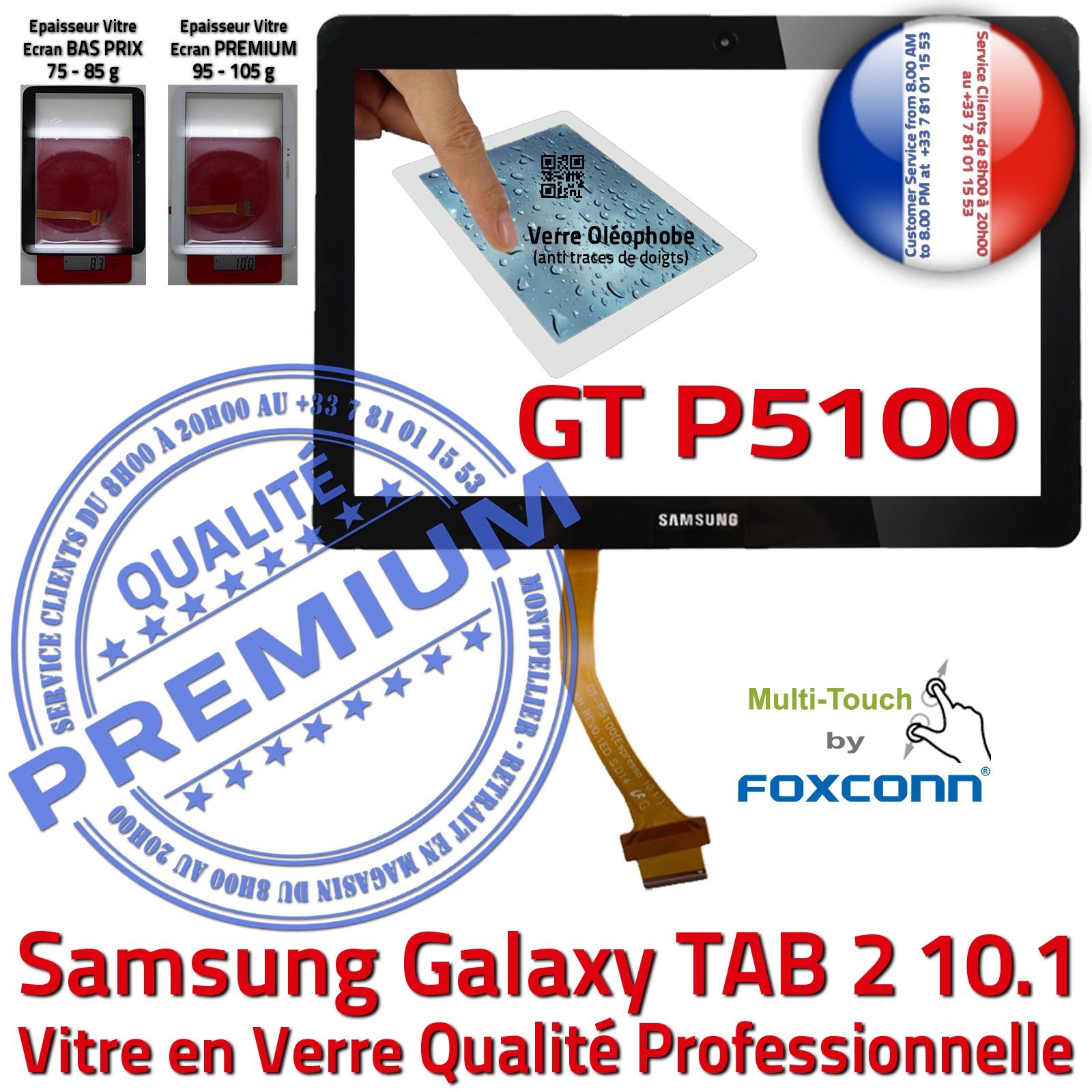 Vitre Tactile Noire Samsung Galaxy TAB-2 GT-P5100 10.1 in Résistante aux Chocs en Verre Ecran Noir Qualité Supérieure PREMIUM