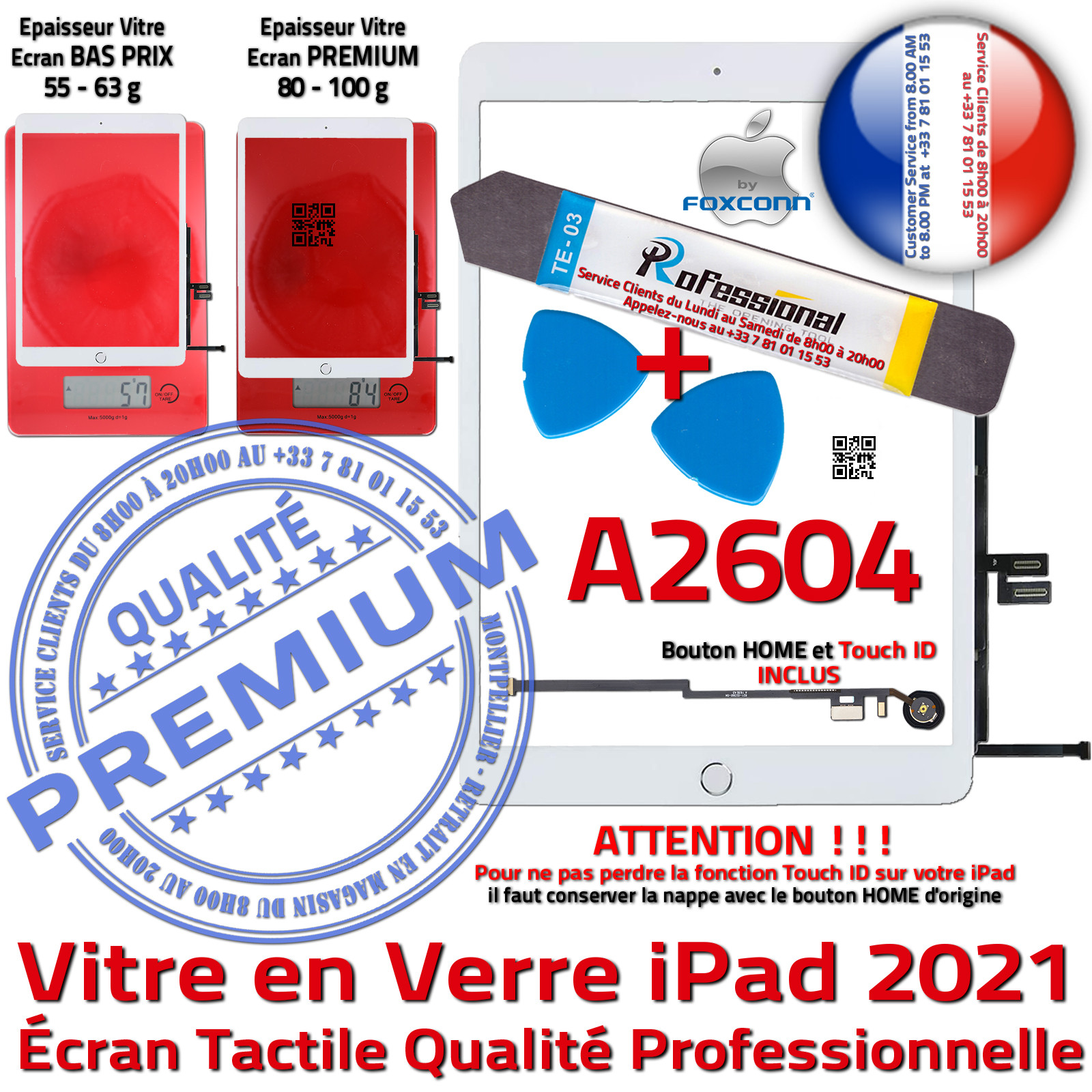 KIT Réparation iPad AIR A1474 Vitre Tactile Blanche PREMIUM Qualité Verre  Oléophobe Adhésif Precollé Bouton Nappe HOME Outils