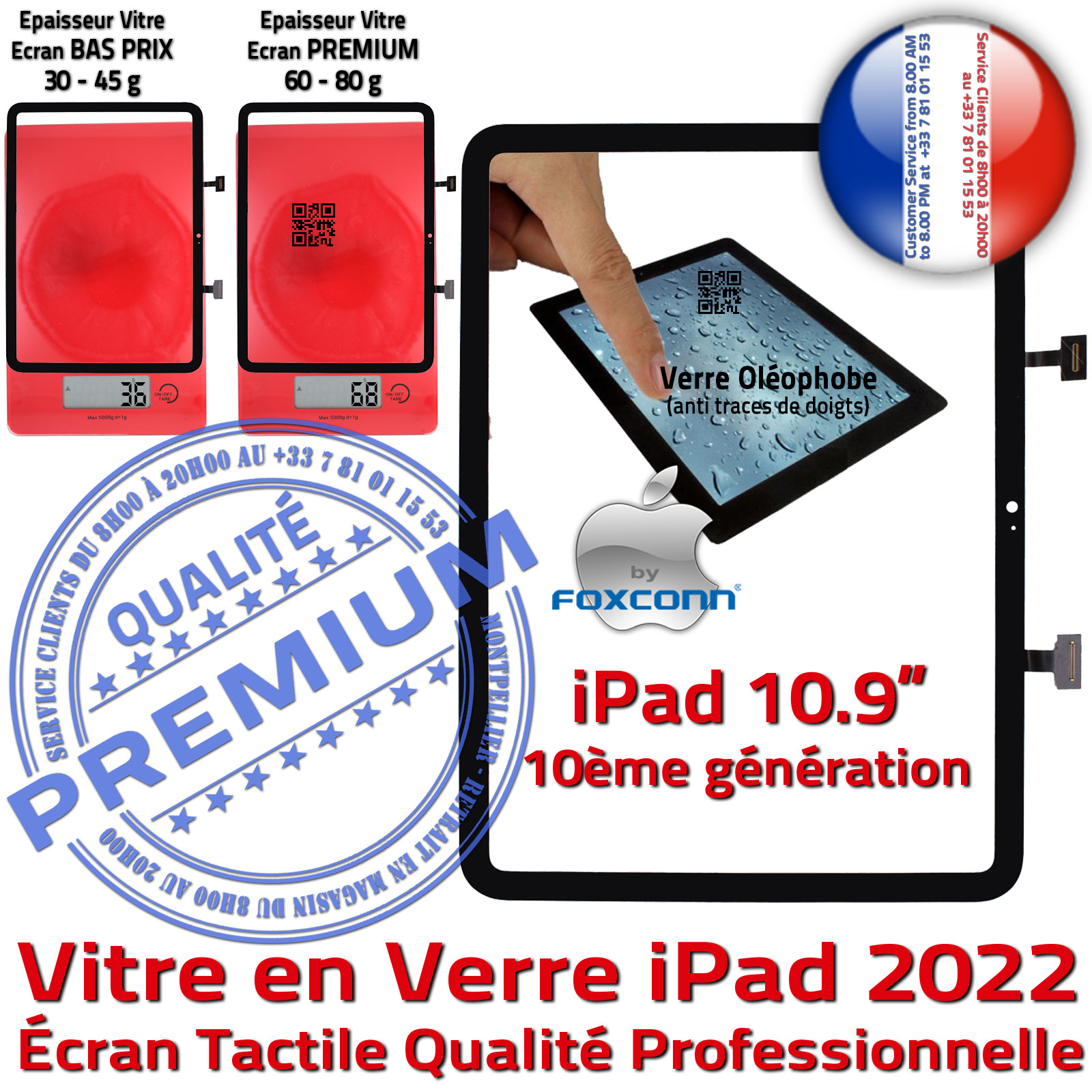 iPad 10éme gén 2022 Écran Tactile PREMIUM Adhésif Precollé Remplacement Vitre Qualité Professionnelle Verre Oléophobe Prémonté