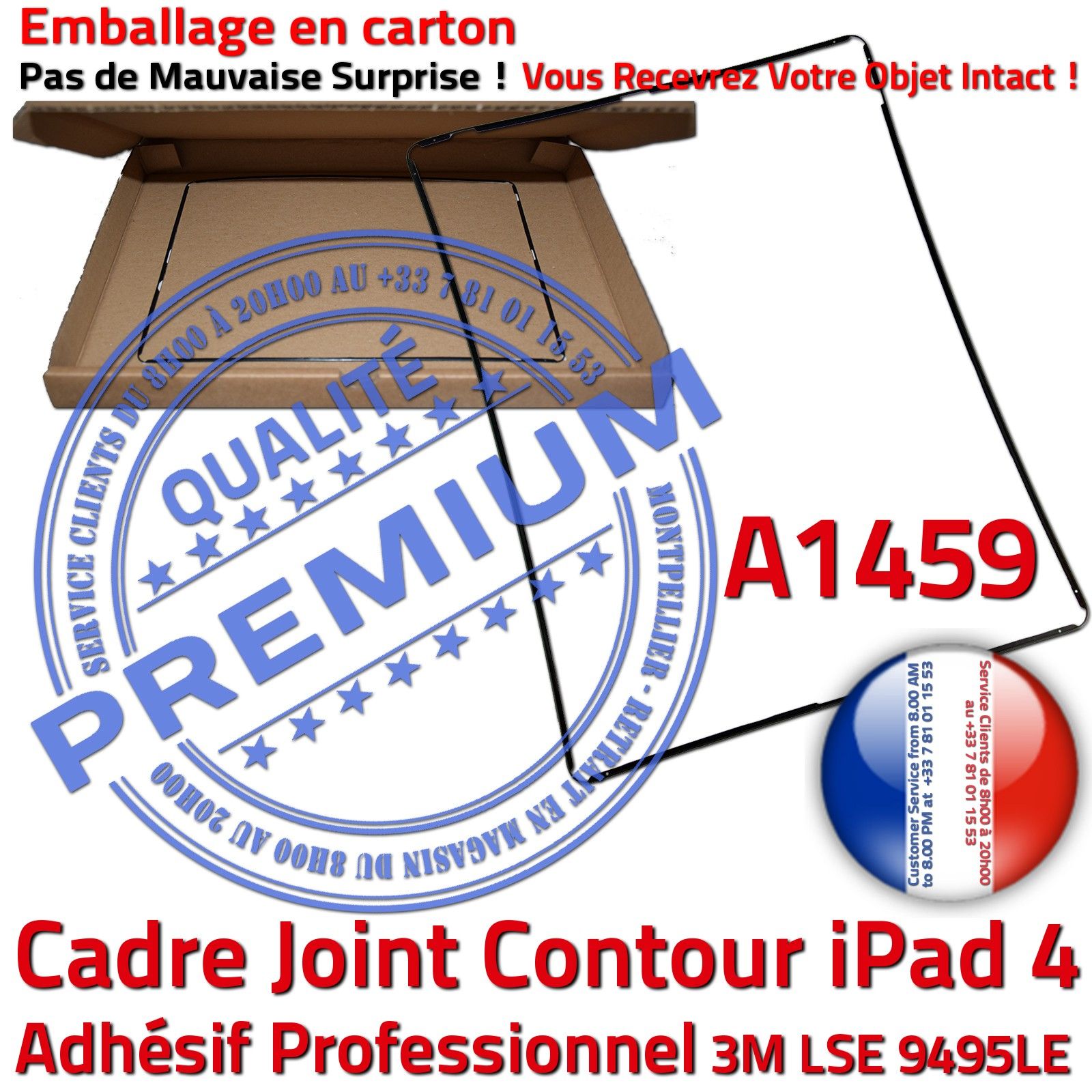 iPad A1459 Cadre Noir Joint Plastique Contour Vitre Tactile Autocollant Réparation Châssis Ecran Tablette Apple Adhésif Precollé