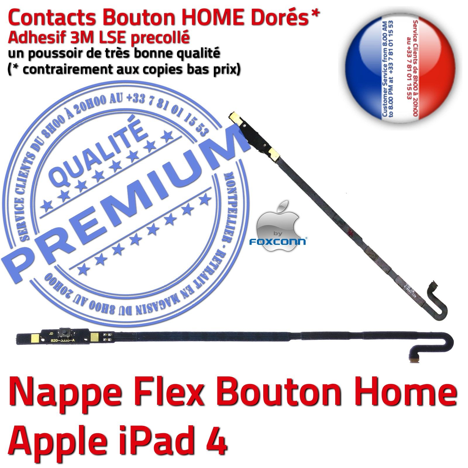 KIT Réparation Tablette Apple iPad 4 Vitre Tactile PREMIUM Noire Verre Adhésif Precollé Nappe Bouton HOME Outils Joint Cadre
