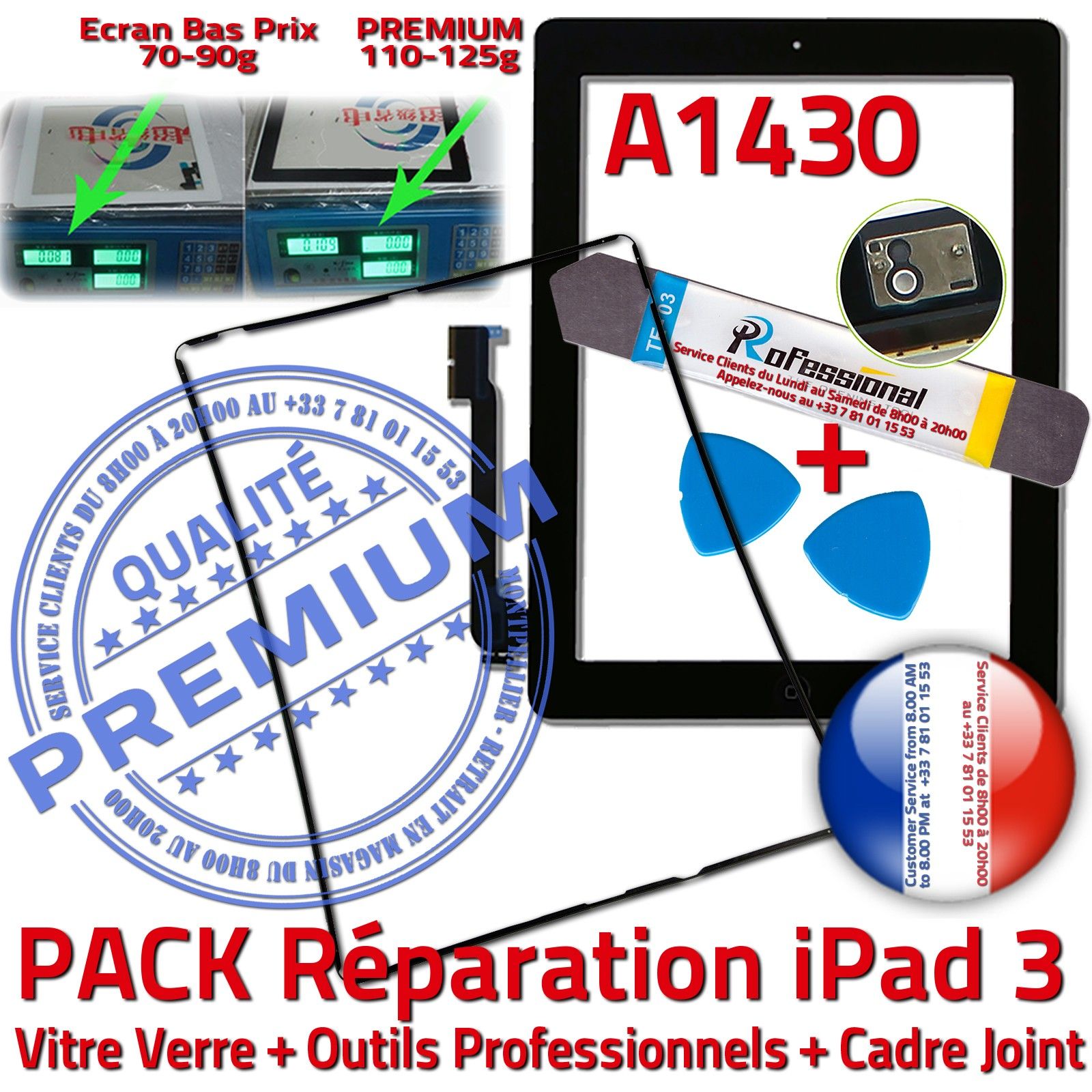 KIT Réparation Tablette Apple iPad3 A1430 Vitre Tactile Noire Verre Adhésif Precollé Bouton HOME Outils Joint Cadre Chassis