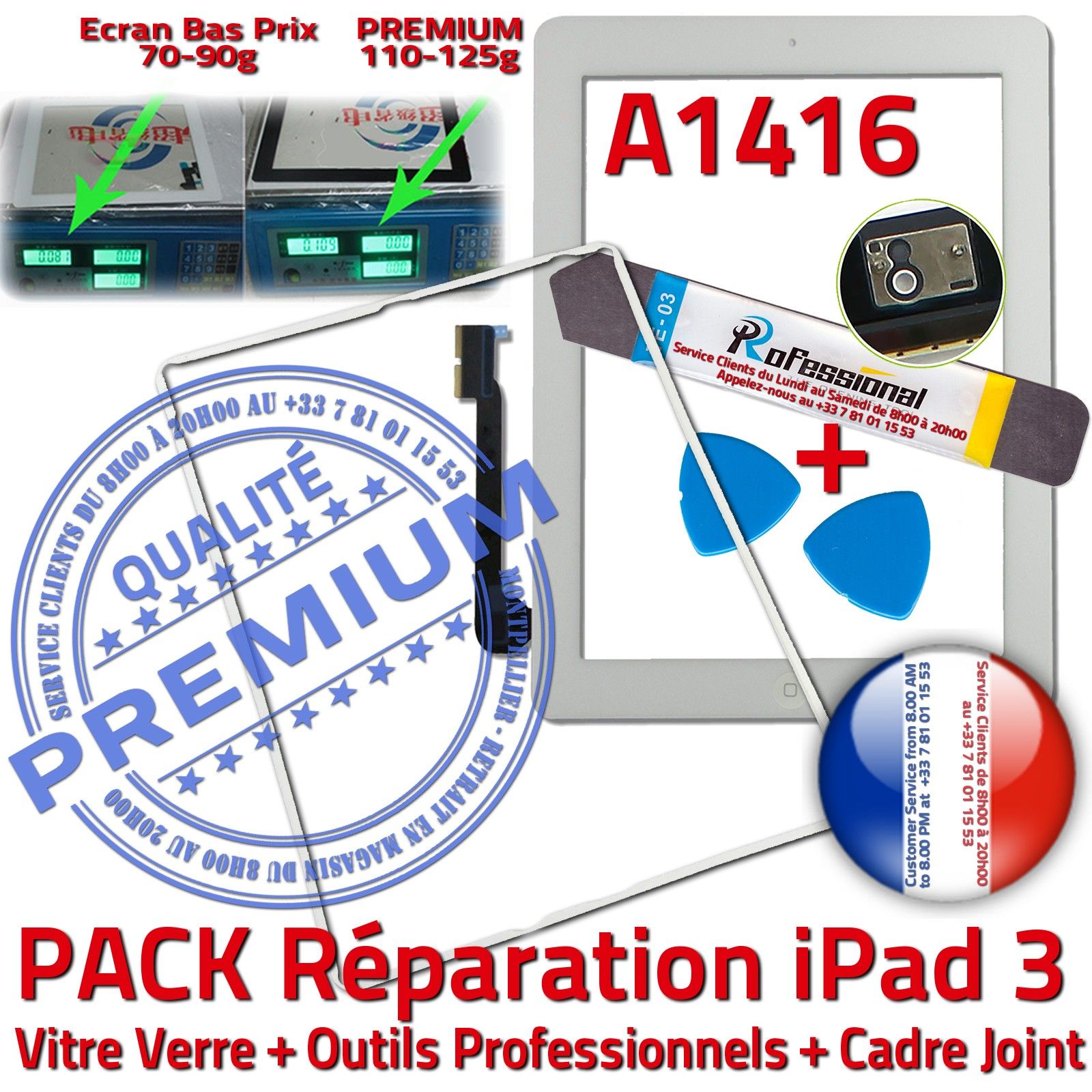 PACK Réparation Tablette Apple iPad3 A1416 Vitre Tactile Blanche Verre PREMIUM Adhésif Precollé Bouton HOME Outils Joint Cadre