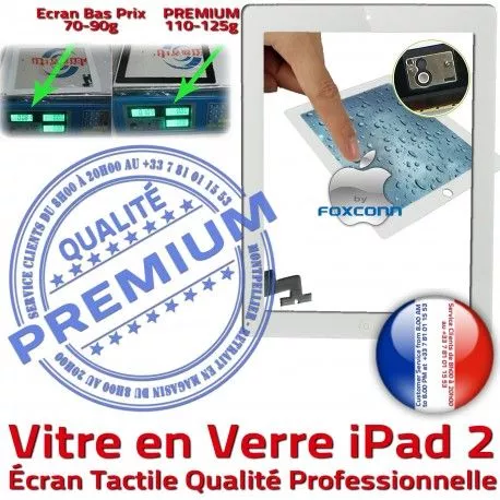 iPad2 Apple A1395 A1396 A1397 PB Ecran 2 Adhésif Verre Vitre Blanc Qualité iPad Bouton Fixation Precollé HOME Nappe PREMIUM Oléophobe Caméra Tactile Remplacement