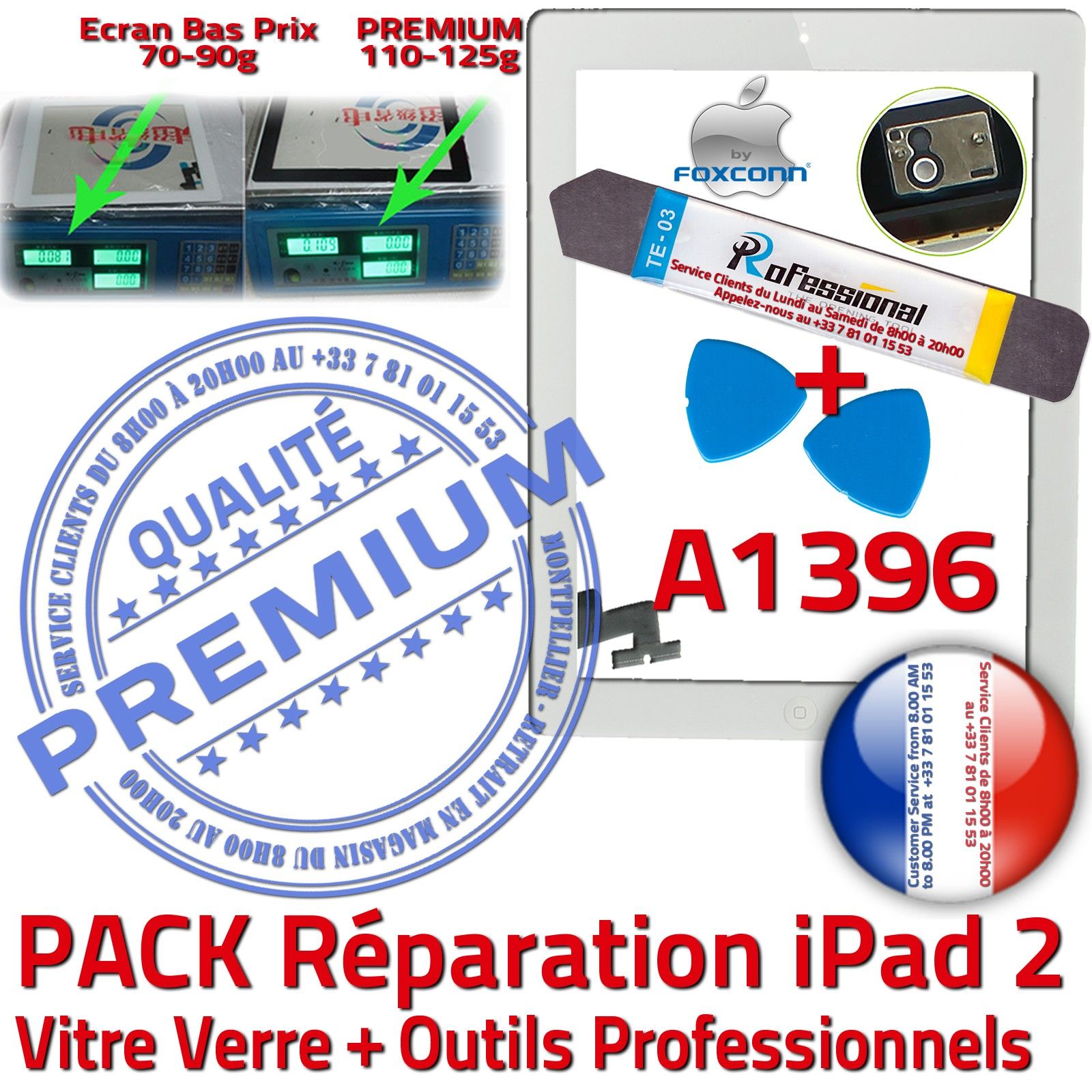 KIT Réparation iPad 2 A1396 Vitre Tactile Blanche PREMIUM Qualité Verre Oléophobe Adhésif Precollé Bouton HOME Outils Démontage