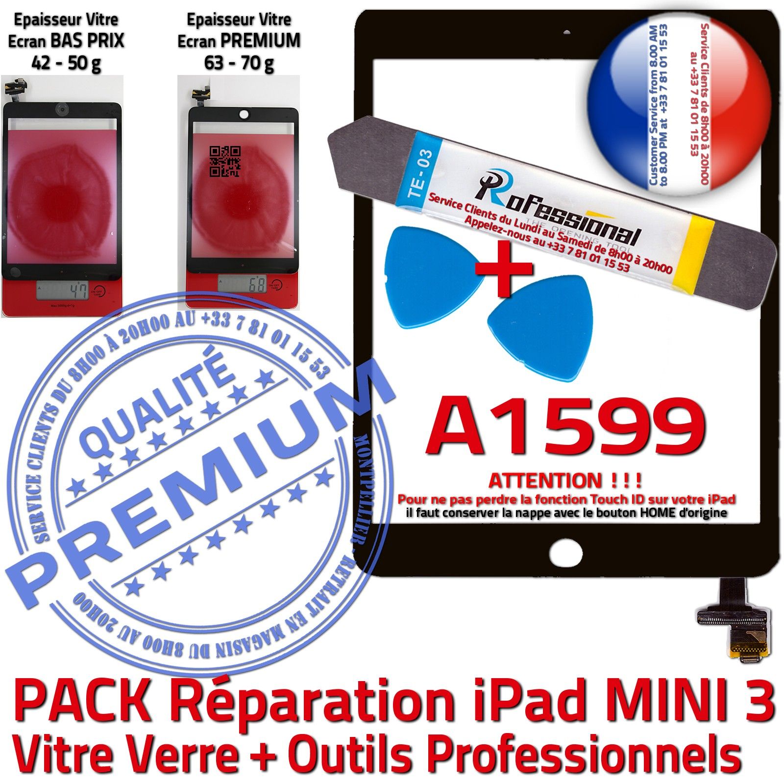 KIT Réparation iPad MINI A1599 Vitre Tactile Noire Verre PREMIUM Qualité Adhésif Precollé Attention Touch ID Outils Tablette
