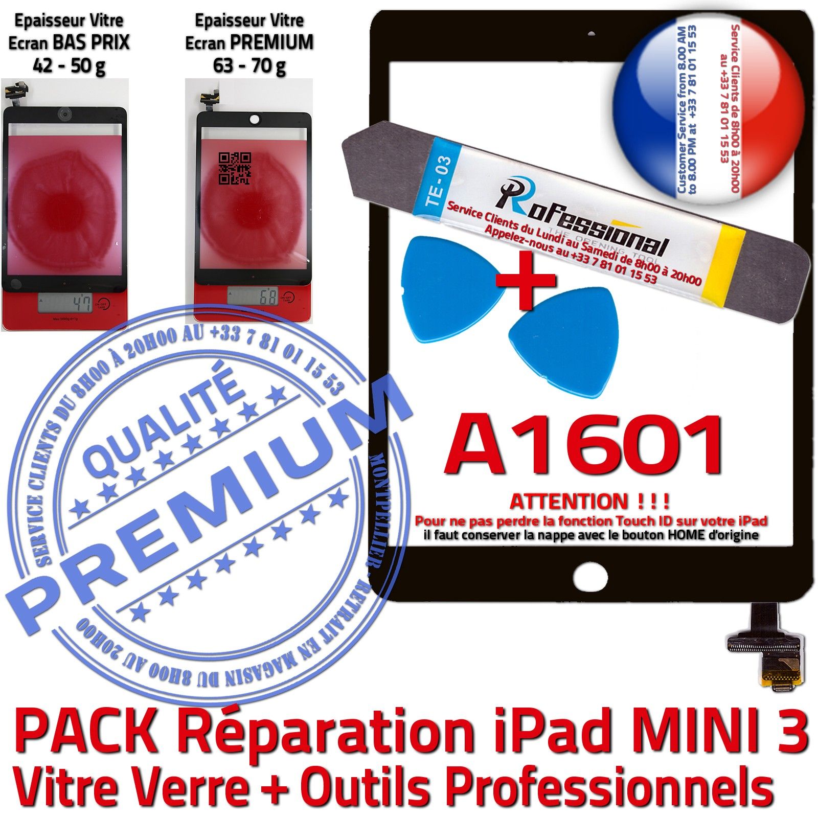 KIT Réparation iPad MINI A1601 Vitre Tactile Noire Verre PREMIUM Qualité Adhésif Precollé Attention Touch ID Outils Tablette