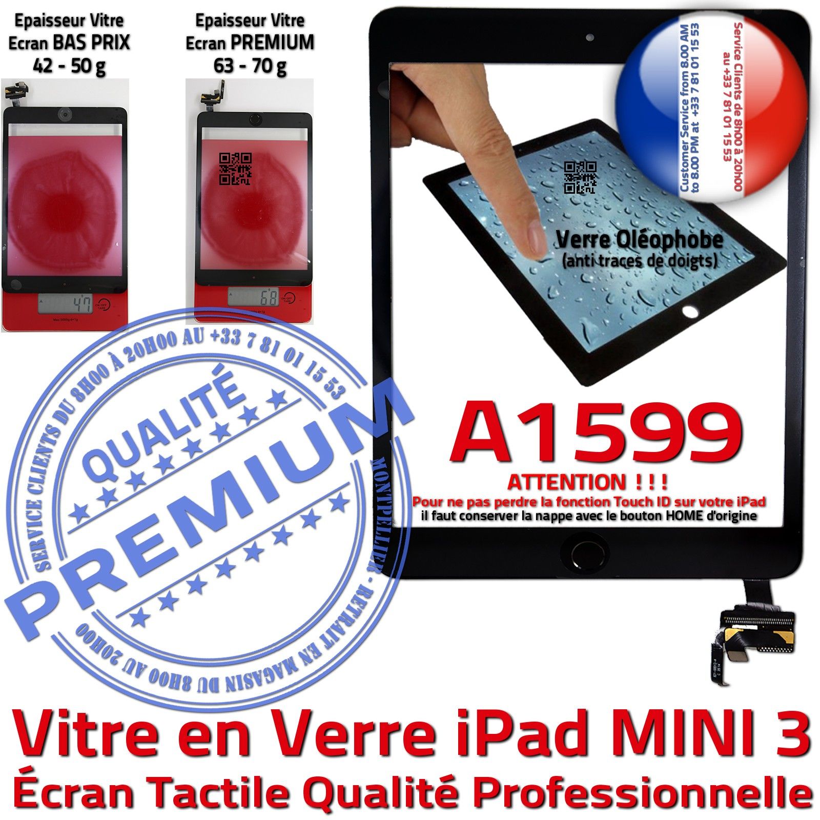 iPad A1599 Ecran Noir Vitre Tactile PREMIUM Adhésif Verre Oléophobe Fixation Caméra Filtre Nappe Bouton Réparation Tablette