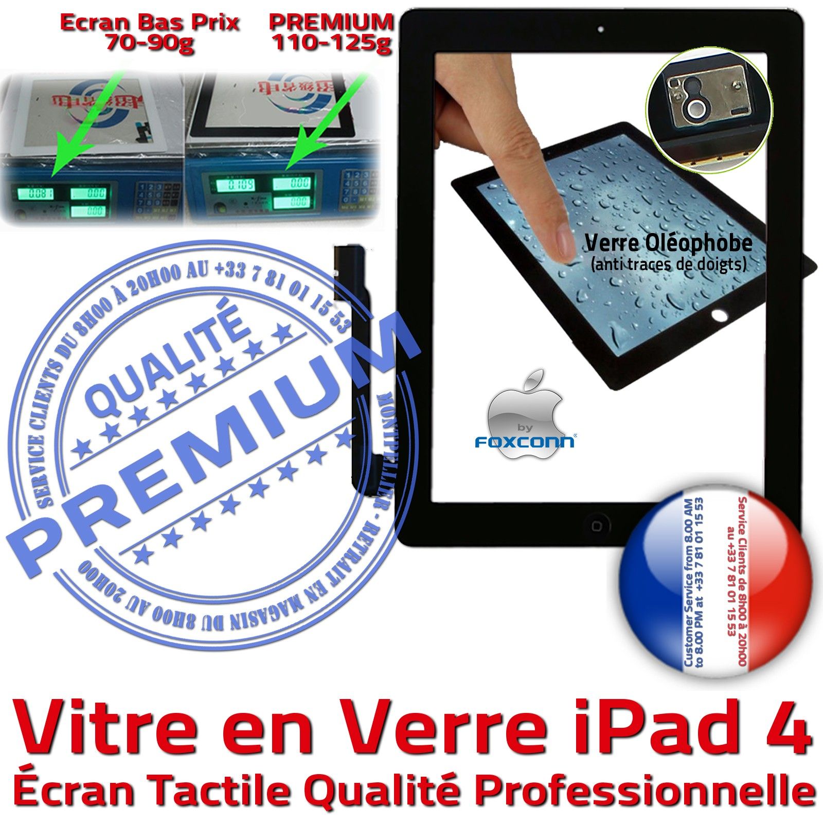 Vitre Tactile iPad 4 Noir PREMIUM Adhésif Precollé Remplacement Ecran Qualité Verre Oléophobe Fixation Caméra Bouton HOME
