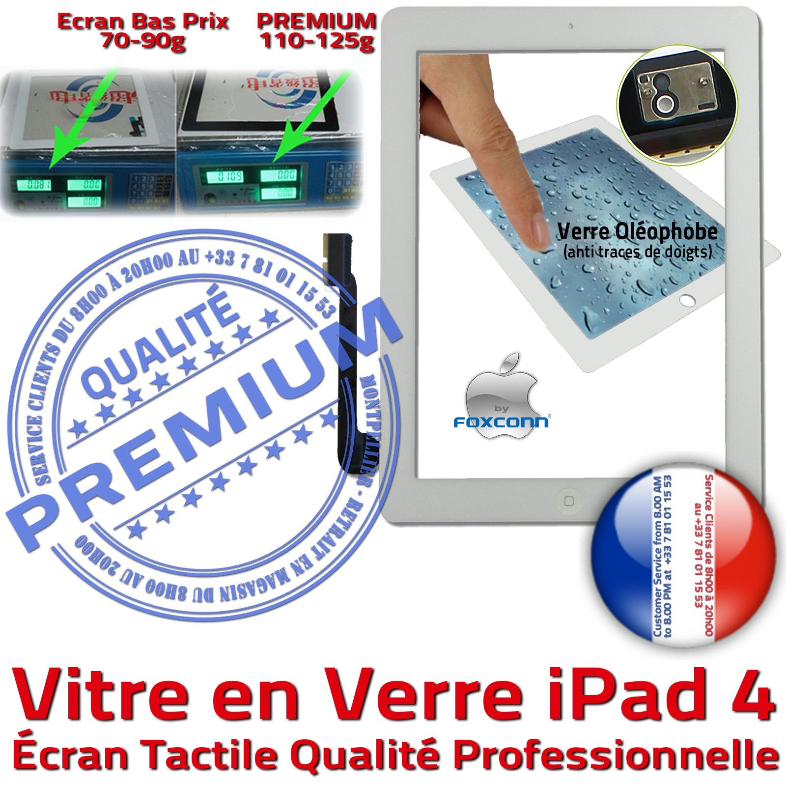 Vitre Tactile iPad 4 Blanc PREMIUM Adhésif Precollé Remplacement Ecran Qualité Verre Oléophobe Fixation Caméra Bouton HOME