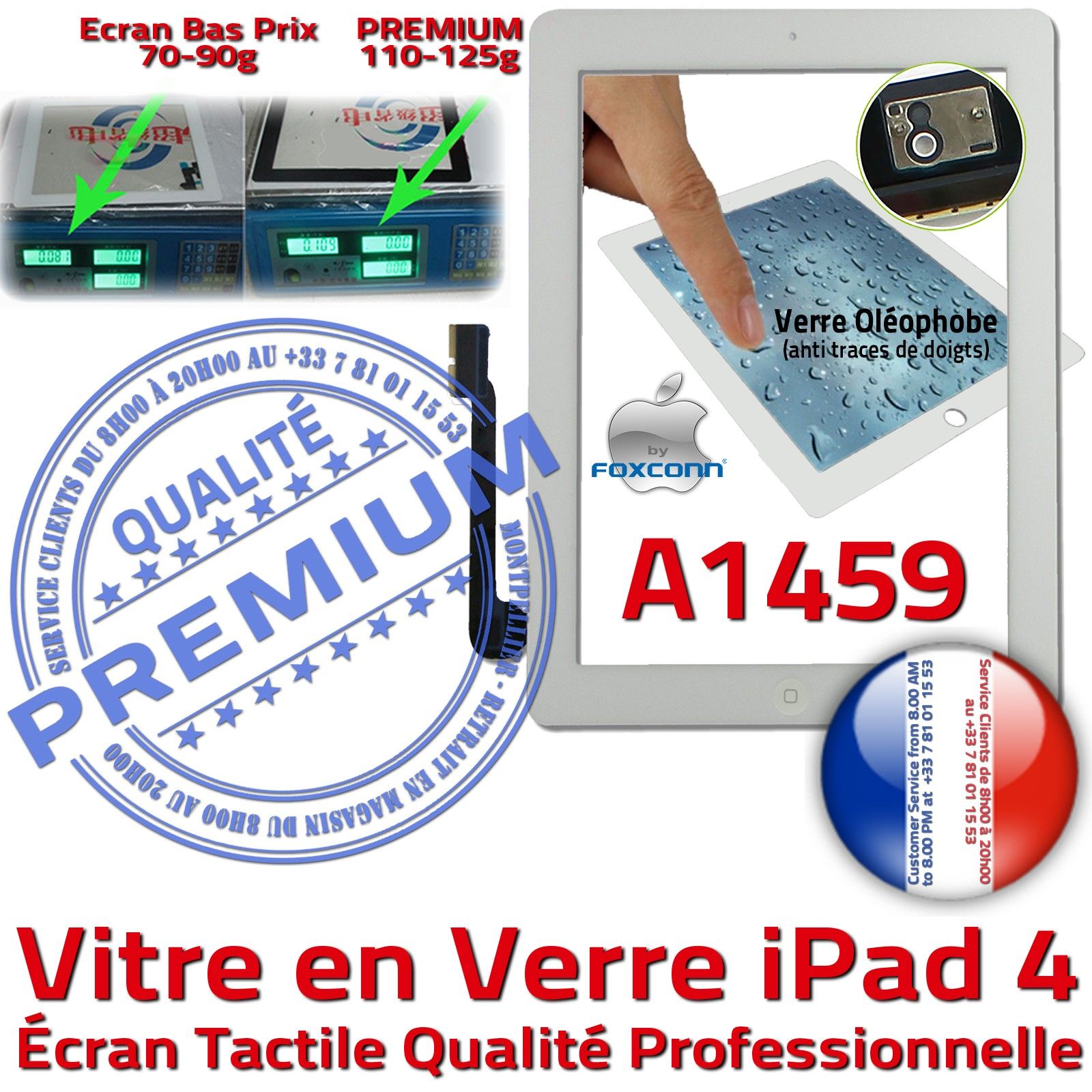 Vitre Tactile iPad 4 A1459 Blanc PREMIUM Adhésif Precollé Remplacement Ecran Qualité Verre Oléophobe Fixation Caméra Bouton HOME