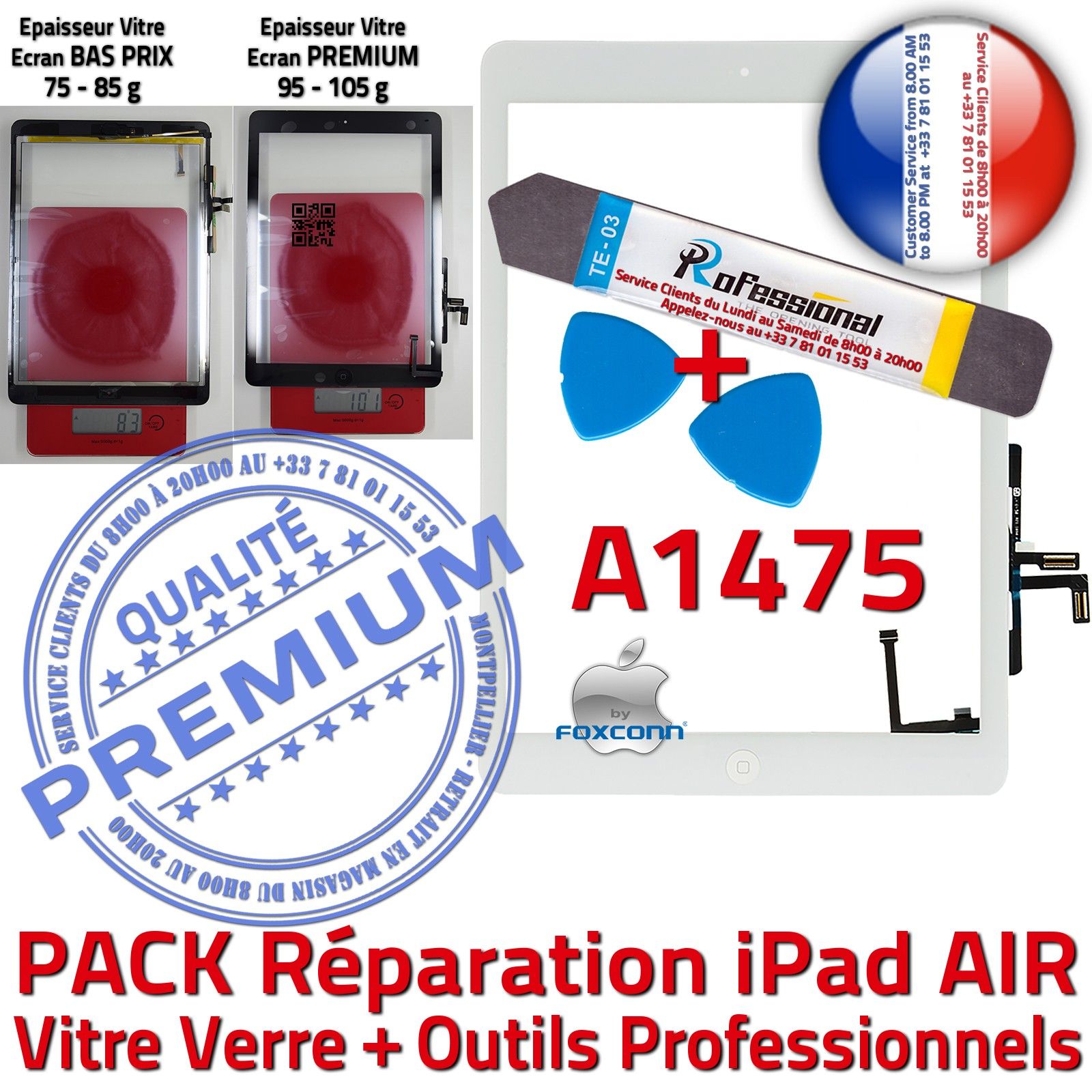 KIT Réparation iPad AIR A1475 Vitre Tactile Blanche PREMIUM Qualité Verre Oléophobe Adhésif Precollé Bouton Nappe HOME Outils