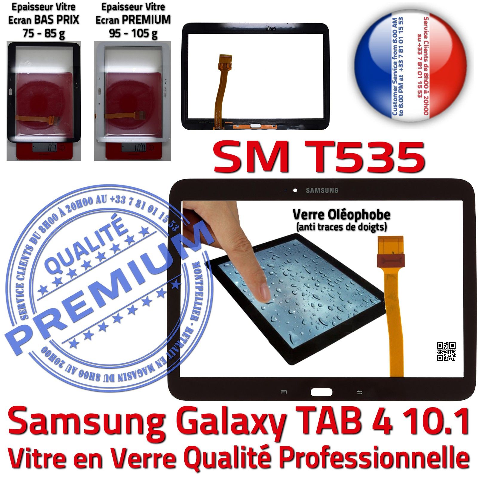 Samsung SM T535 Galaxy TAB4 10.1 Vitre Tactile Noire en Verre Qualité Supérieure PREMIUM Assemblée Adhésif LCD Ecran Prémonté