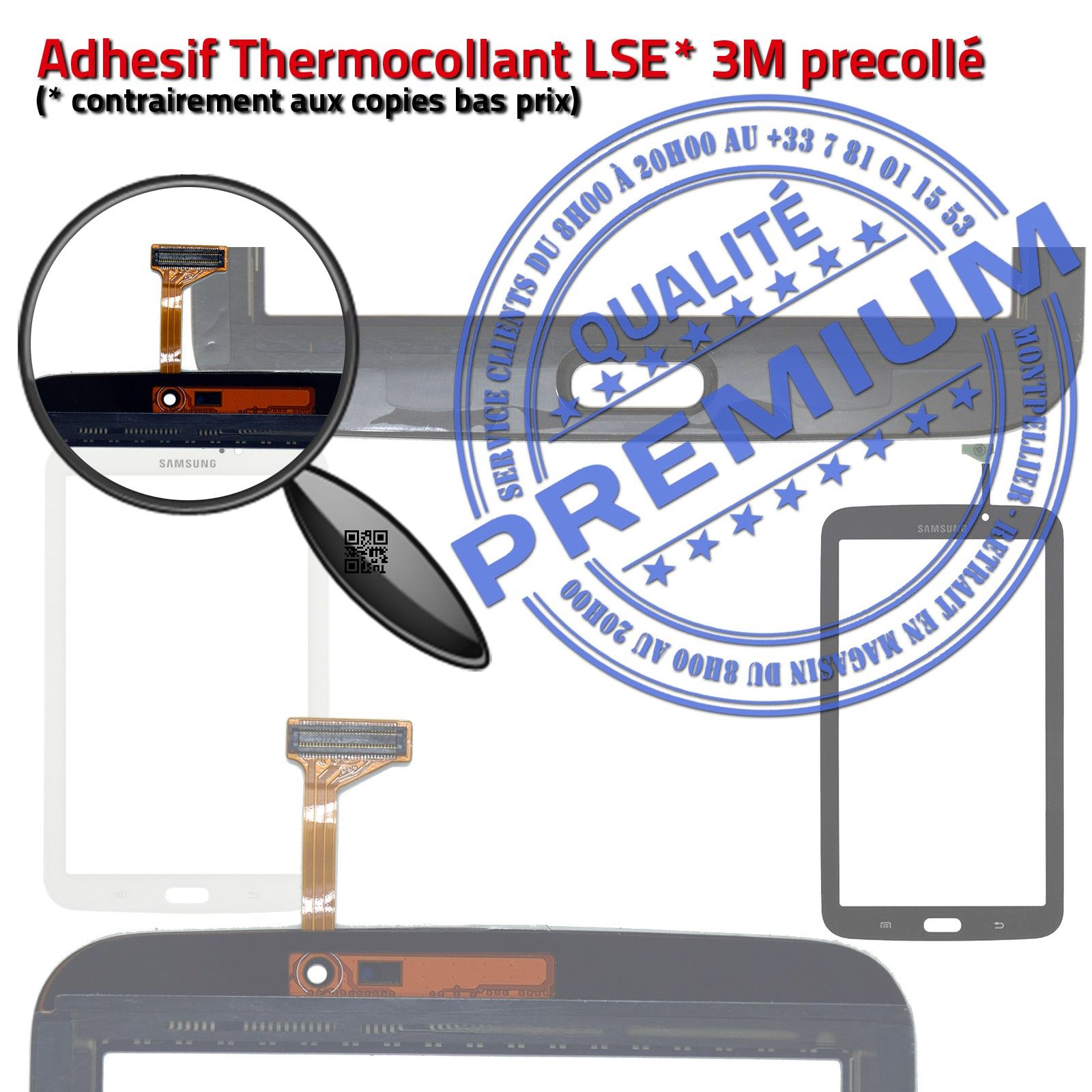Vitre Tactile Assemblée Adhésif Prémonté Samsung T2100 TAB3 Ecran PREMIUM Noir