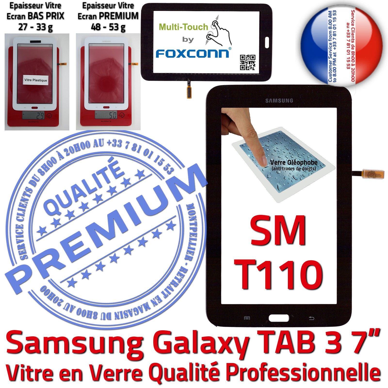 Samsung Galaxy TAB3 SM-T110 Vitre Tactile Noire en Verre Qualité Supérieure PREMIUM Assemblée Adhésif LCD Ecran 7 Prémonté