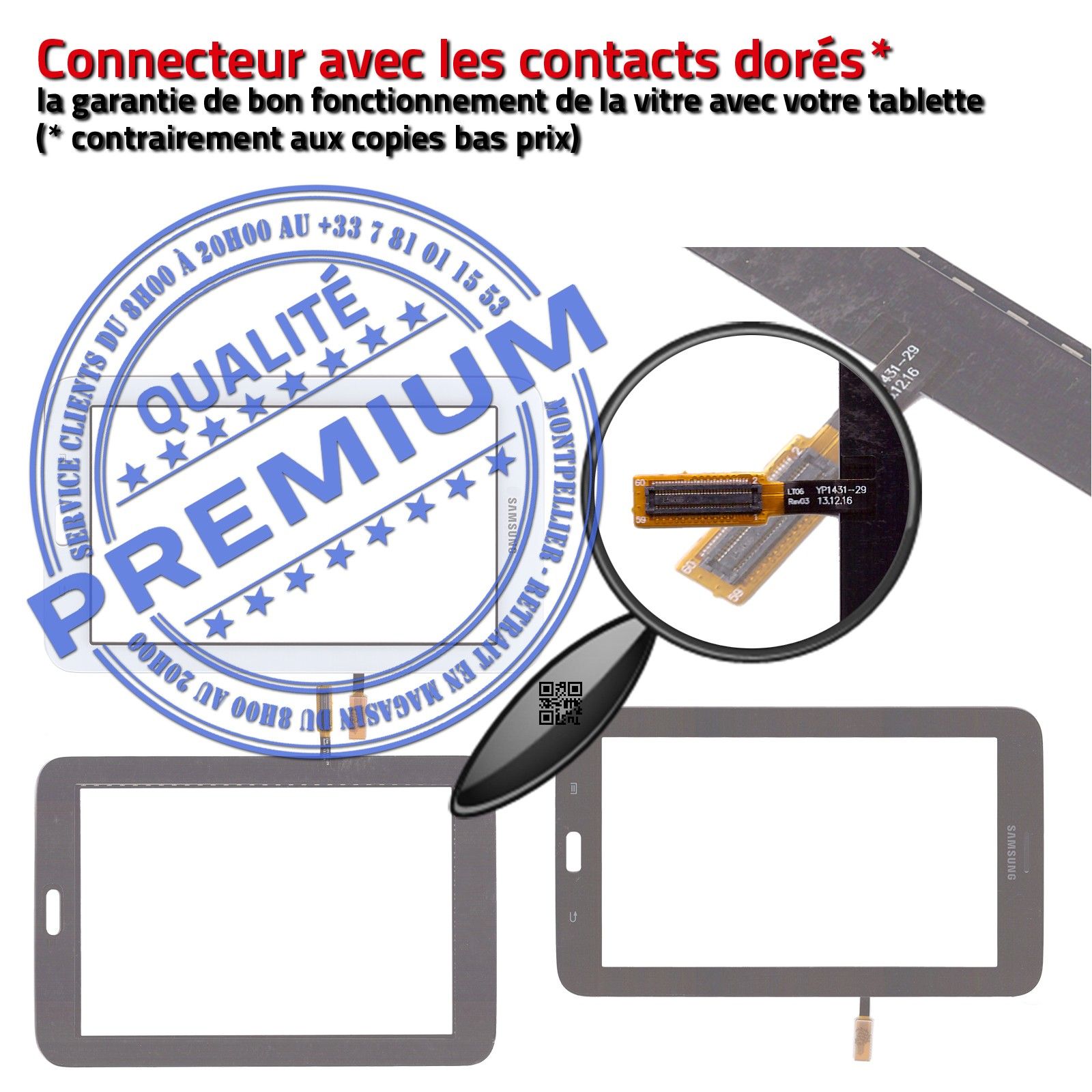 Samsung Galaxy TAB3 SM-T110 Vitre Tactile Noire en Verre Qualité Supérieure PREMIUM Assemblée Adhésif LCD Ecran 7 Prémonté