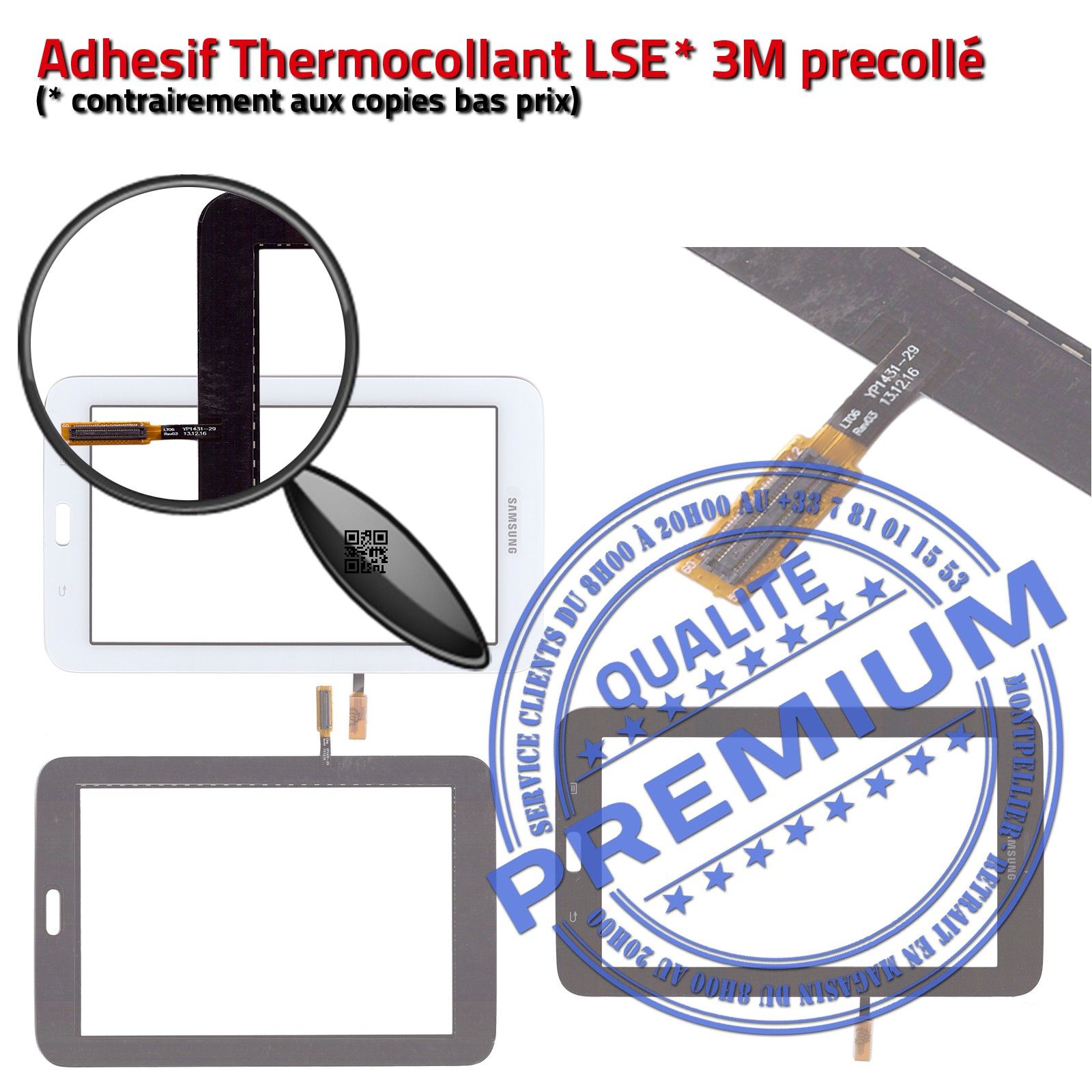 Vitre Tactile SM-T110 TAB 3 Assemblée Adhésif Prémonté Samsung Ecran Noir