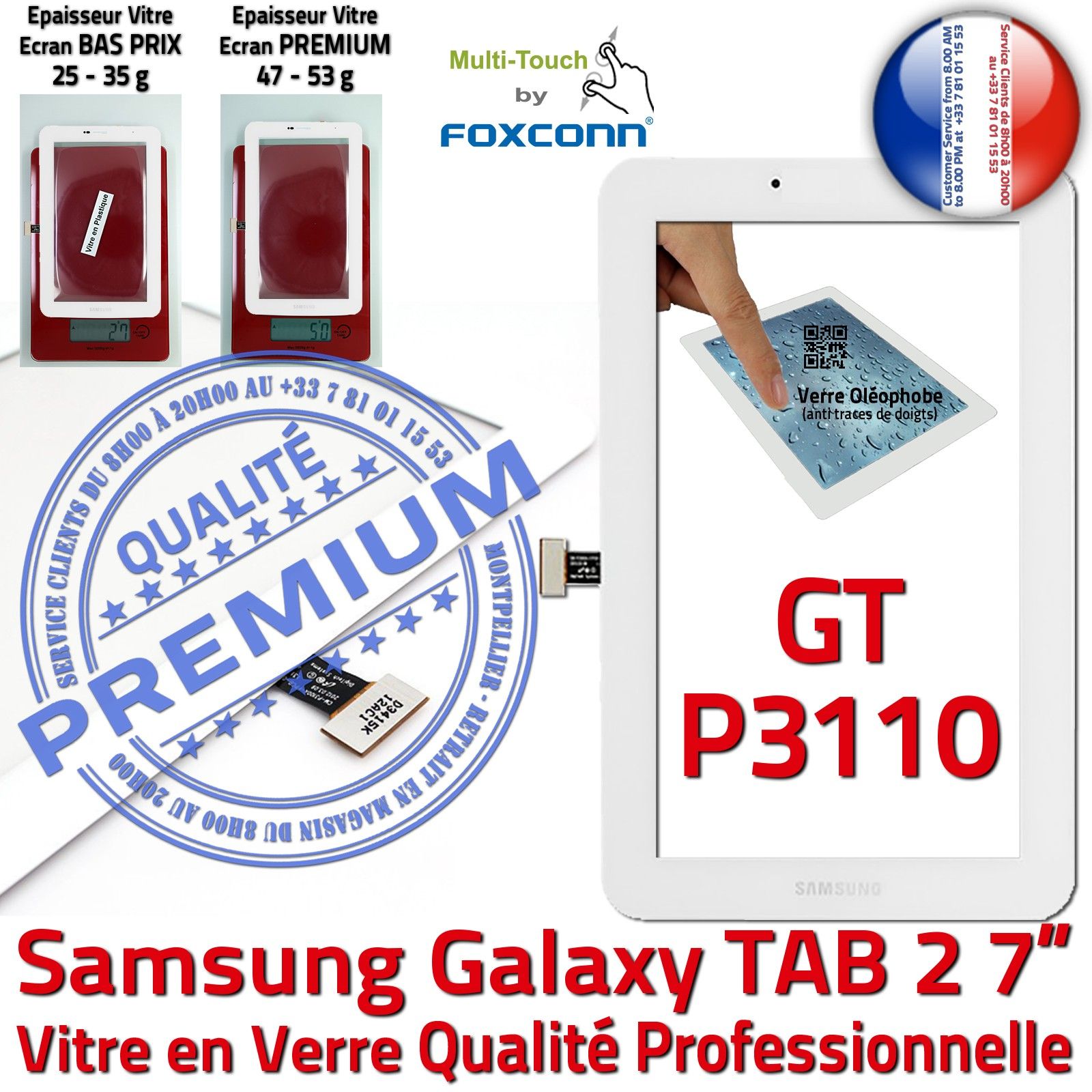 Samsung GT P3110 Galaxy TAB 2 Vitre Tactile Blanche Verre Qualité Supérieure PREMIUM Assemblée Adhésif LCD 7 inch Ecran Prémonté