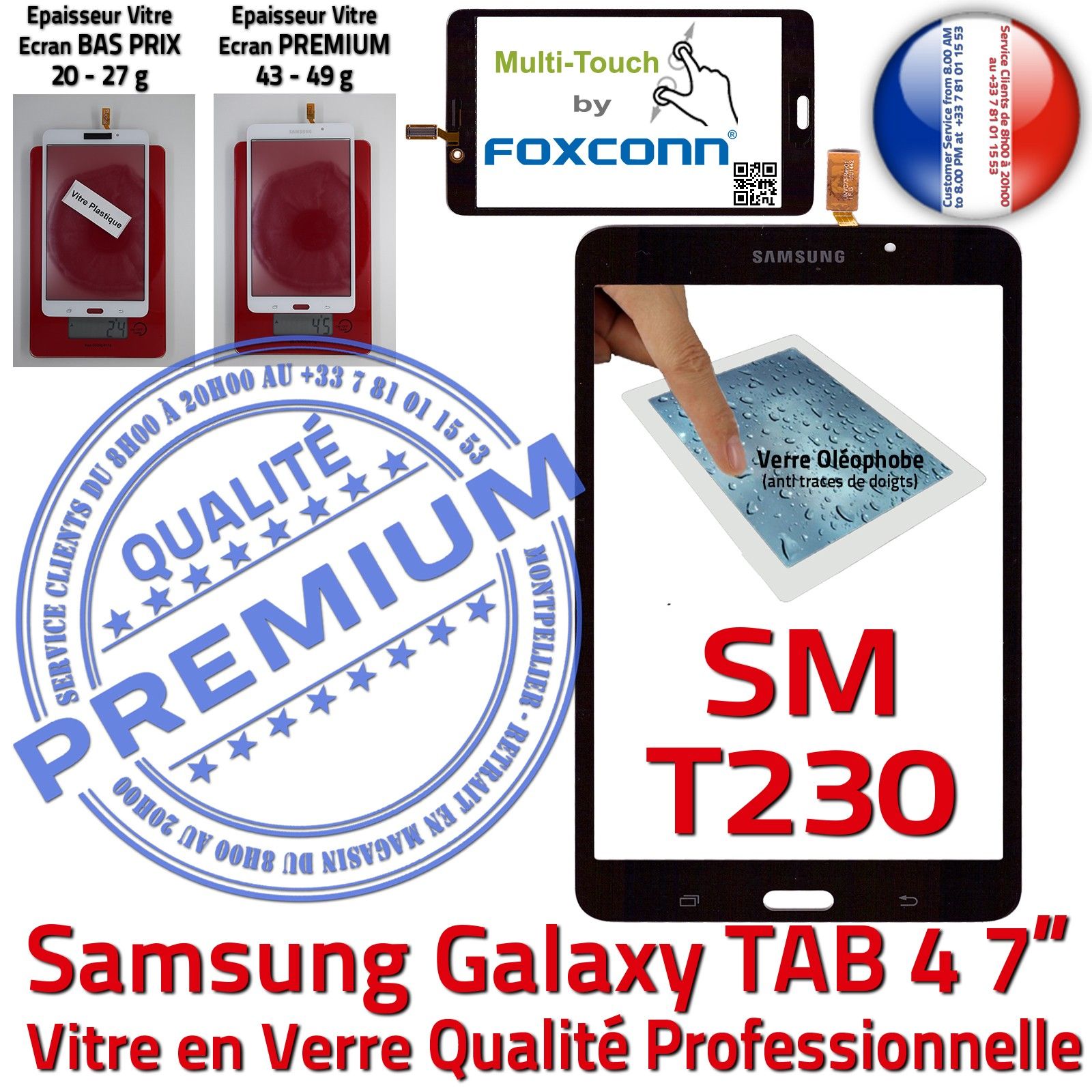 Samsung Galaxy TAB4 SM-T230NZWAXEF Vitre Tactile Noire Verre Qualité Supérieure PREMIUM Assemblée Adhésif LCD Ecran Prémonté