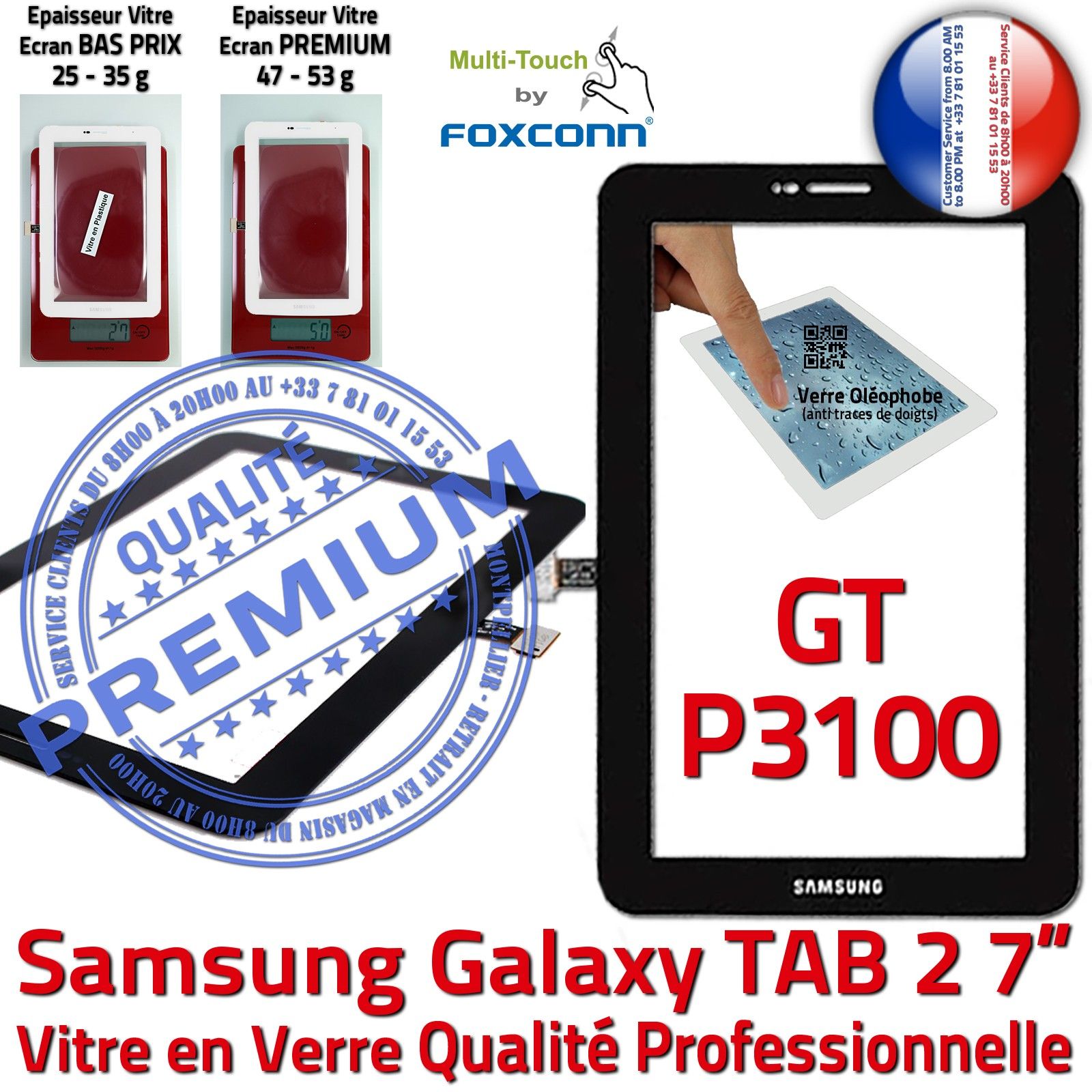 Samsung GT P3100 Galaxy TAB 2 Vitre Tactile Noire Verre Qualité Supérieure PREMIUM Assemblée Adhésif LCD 7 inch Ecran Prémonté