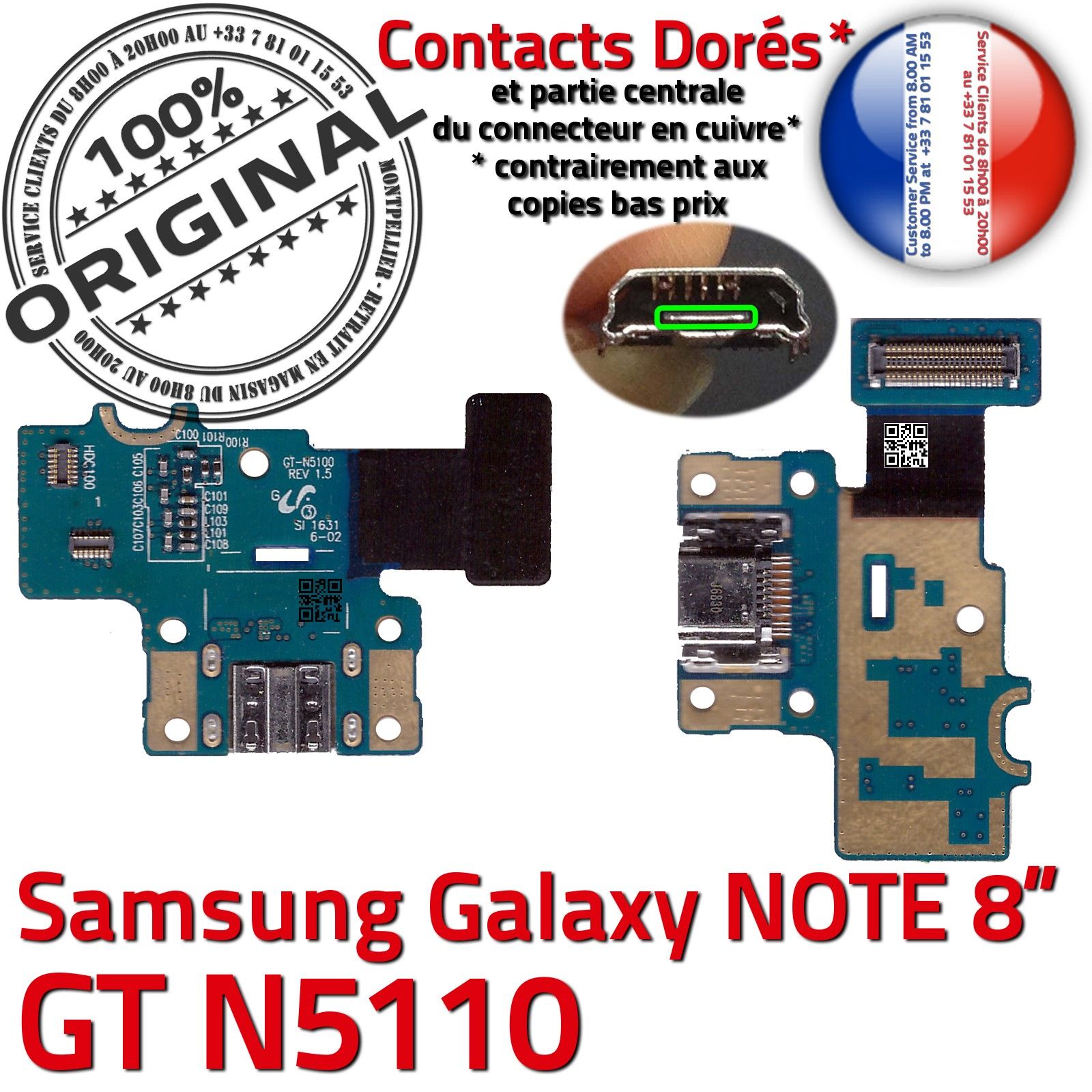 ORIGINAL Samsung Galaxy NOTE GT N5110 Nappe OFFICIELLE Qualité Connecteur de Charge Chargeur Micro USB Contacts Doré Réparation