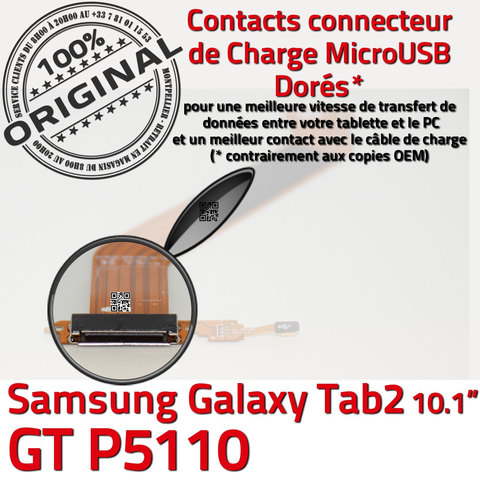 TAB2 GT-P5110 Micro-USB Microphone Synchronisation PC Qualité Réparation TAB 2 GT P5110 Changement Carte Mère Démontage Nappe OFFICIELLE de Charge Tablette Remplacement Prise Chargeur Cable Jack Flex Port Micro USB SAMSUNG Galaxy Connecteur d'Origine