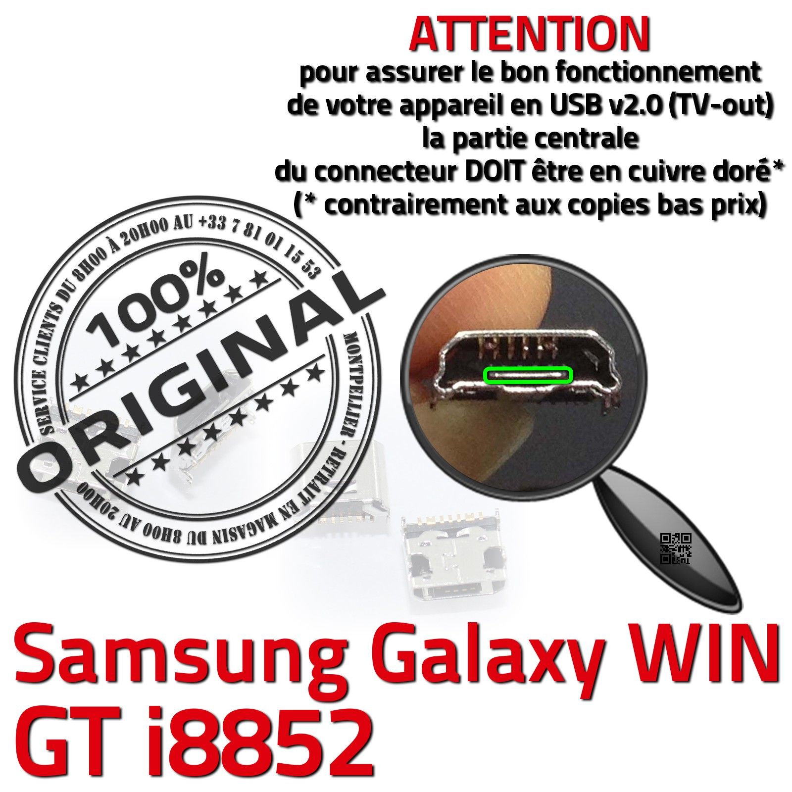 Téléphone Remplacement PORT Micro USB Réparation Changement micro-soudure Pins Dorés Changer Jack Connexion Câble Soudure Carte Mère Prise Chargeur Contacts Qualité Démontage Smartphone Samsung Galaxy Win GT i8852 GT-i8852 Connecteur de Charge à souder