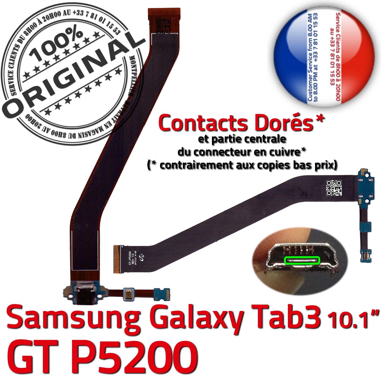 TAB 3 GT P5200 ORIGINAL Samsung Galaxy Connecteur de Charge Chargeur MicroUSB Nappe OFFICIELLE Qualité Contacts Dorés Réparation